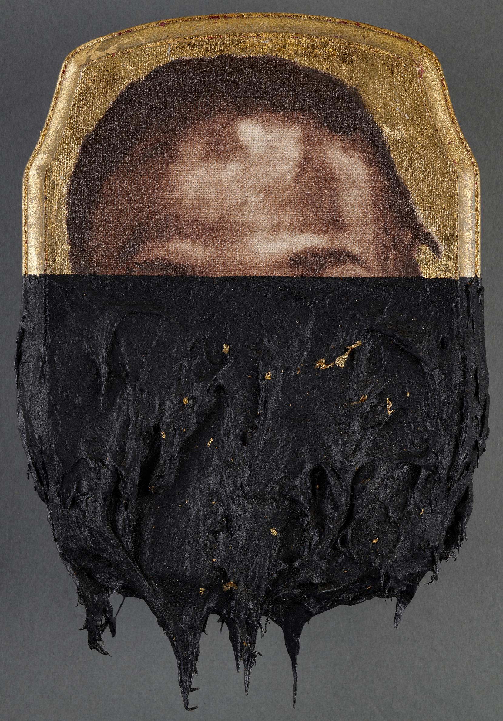Titus Kaphar, Jerome XXVII, 2014. Oil, tar, and gold leaf on panel. 25.4 x 17.8 x 2.5 cm (10 x 7 x 1 in.). Tracey and Phillip Riese.