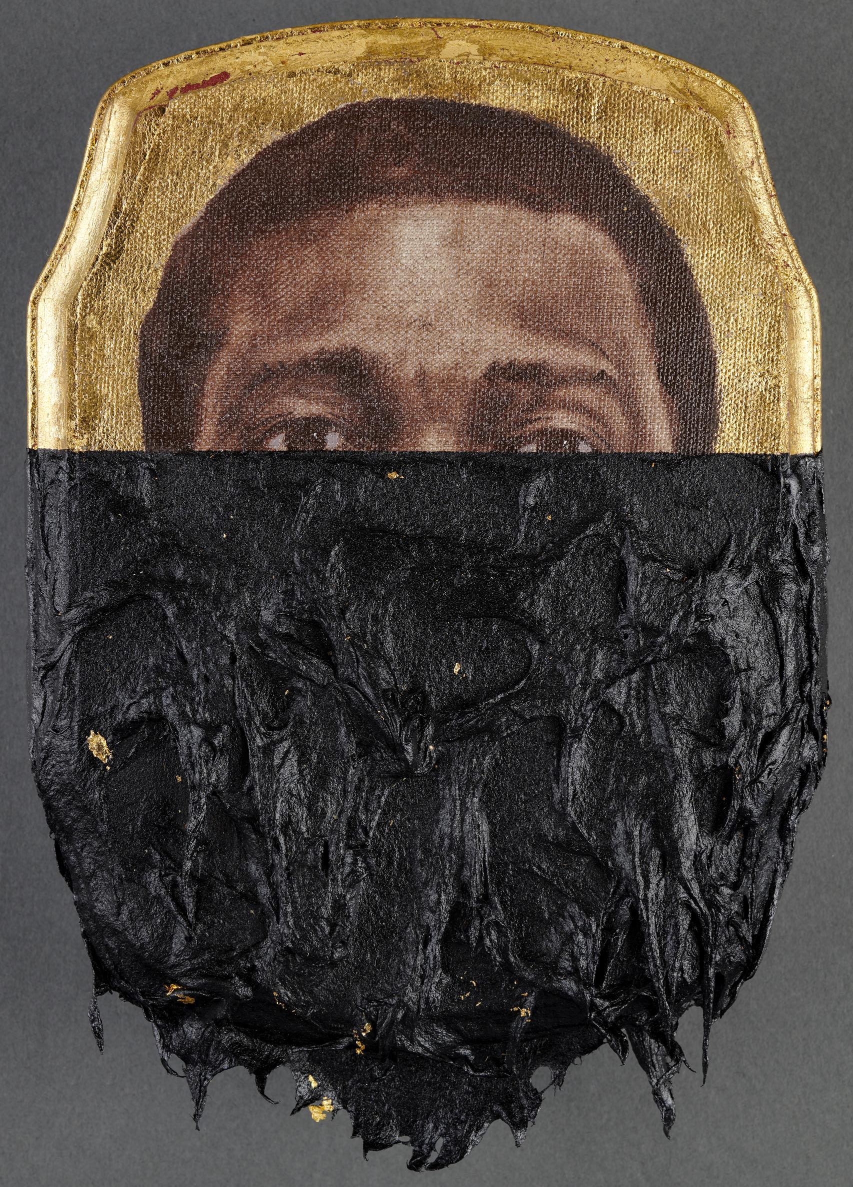 Titus Kaphar, Jerome XXVIII, 2014. Oil, tar, and gold leaf on panel. 25.4 x 17.8 x 2.5 cm (10 x 7 x 1 in.). Collection of Lonti Ebers. 