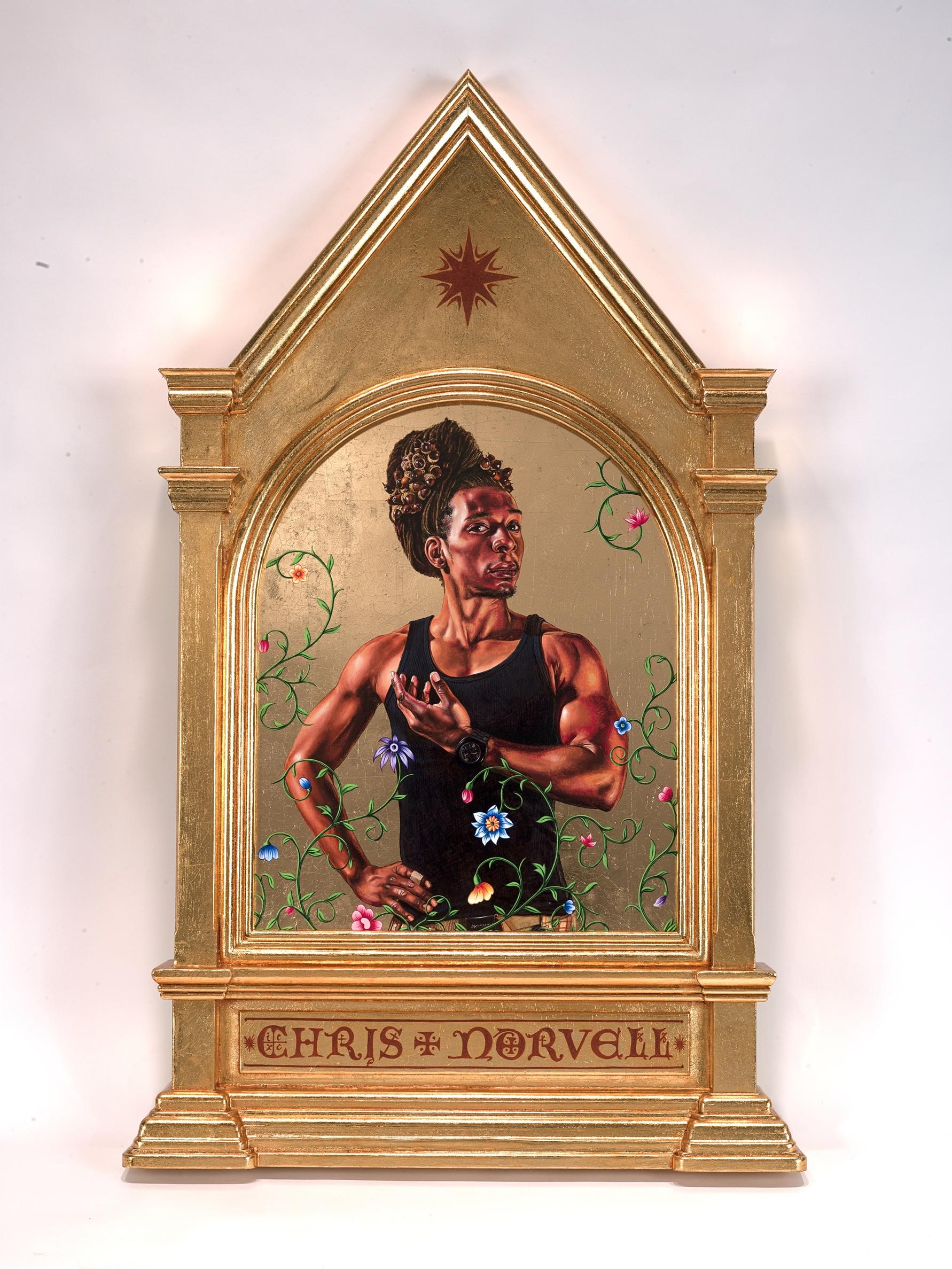 This oil painting on a wood panel is a portrait of a well toned young Black man from his head to his waist. It is approximately 3 ft tall and 2 feet wide. The painting is shaped into an upside down U and is surrounded by an elaborate, gilded, altar-like frame. The gold wooden frame has a steeply pointed upper “roof”-like element decorated with a painted, central, red, eight pointed compass rose. There are classical column-like elements on each side. The painting rests on a horizontal, multi-layered, gold pl