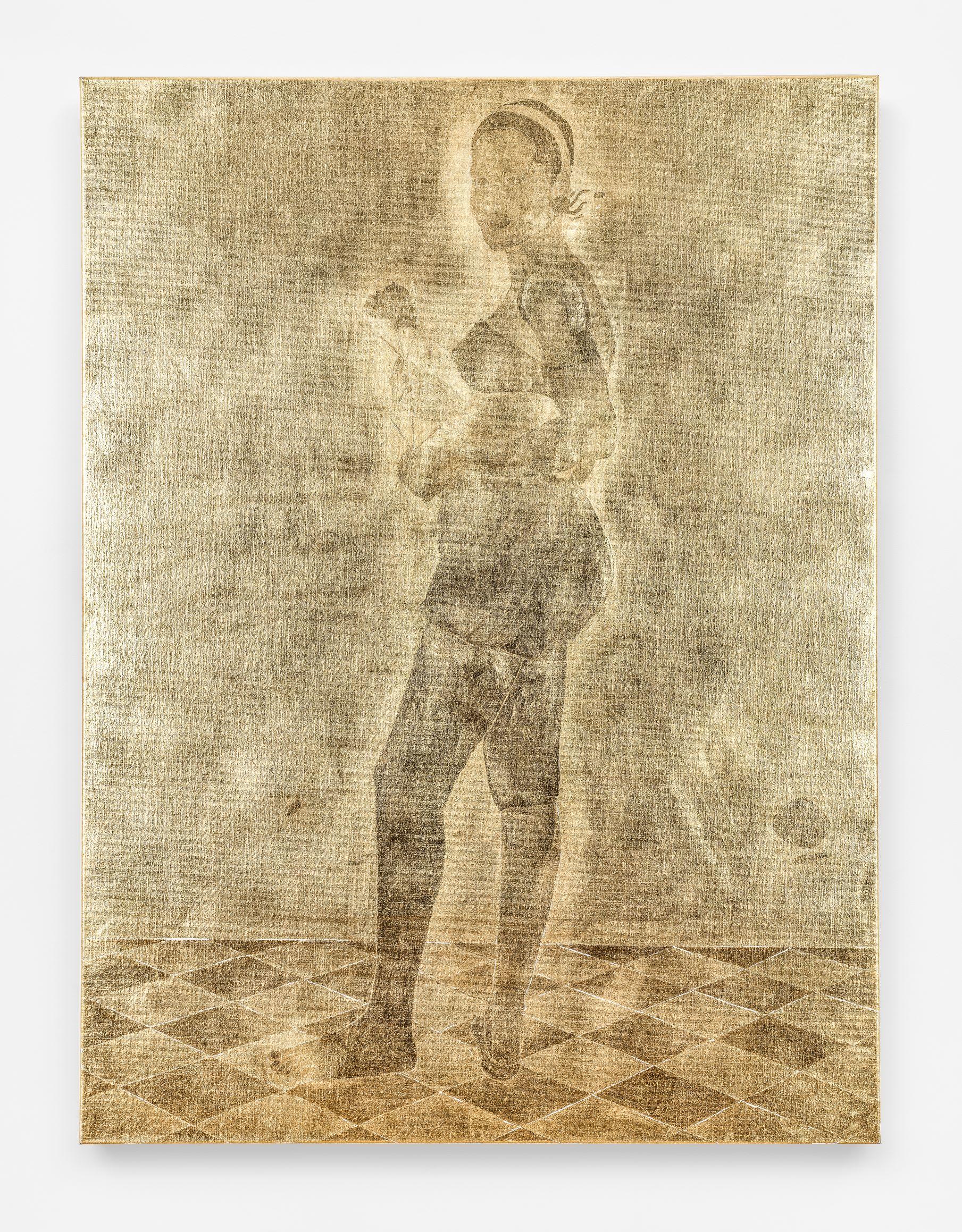 This image is done in 22-karat gold leaf on linen, which produces an image that is mottled black and gray against a gold background. There is a light area outlining the central figure that perhaps suggests a light source behind her. The central figure is a dark-skinned woman standing barefoot on a gold and black checkerboard tile floor. She is viewed from the rear, slightly turned toward the viewer’s left, wearing a dark bra and shorts. Her weight is on her back leg to our right as her body turns to our lef