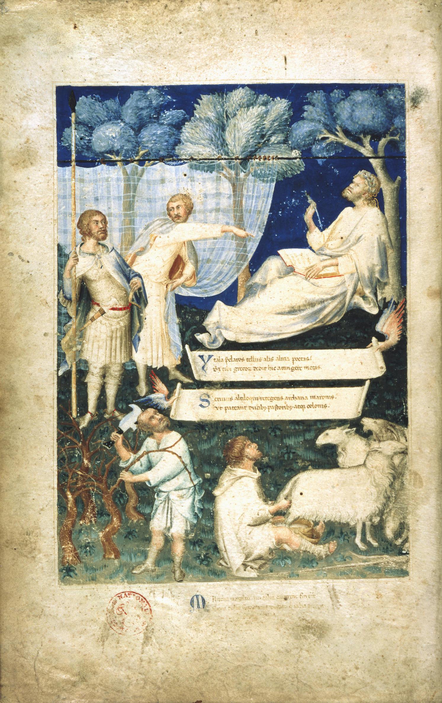 Simone Martini, An Allegory of Virgil: Frontispiece to a Manuscript of the Works of Virgil,1338. Tempera on parchment. Biblioteca Ambrosiana, Milan, S.P. 10/27