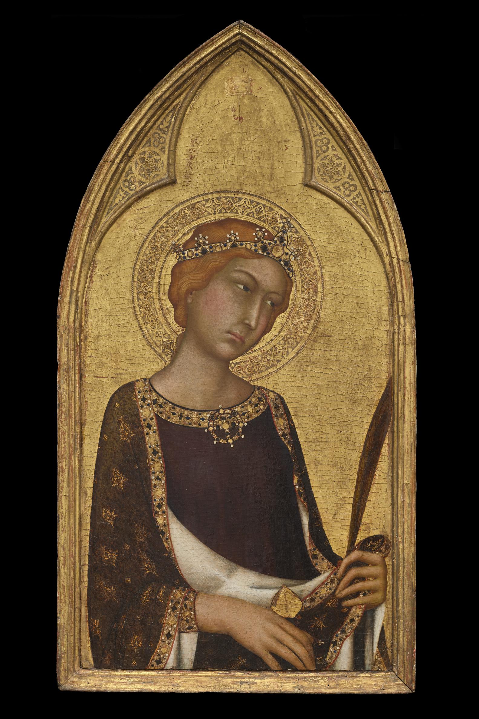 Simone Martini (Siena, about 1284 – 1344), Saint Catherine of Alexandria (Polyptych for San Francesco), about 1320 – 1325. Egg tempera, mordant gilding and gold leaf on wood, likely poplar. National Gallery of Canada, Ottawa.