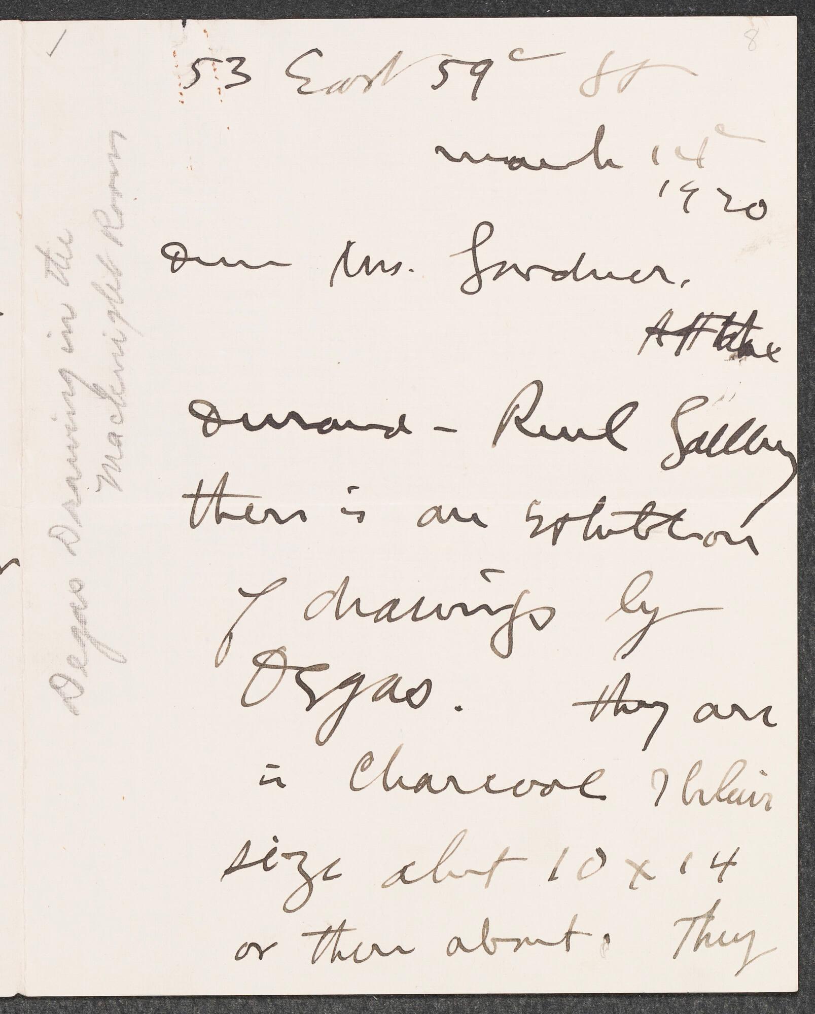 A cream colored sheet of paper with handwriting in black ink from Louis Kronberg to Isabella Stewart Gardner.
