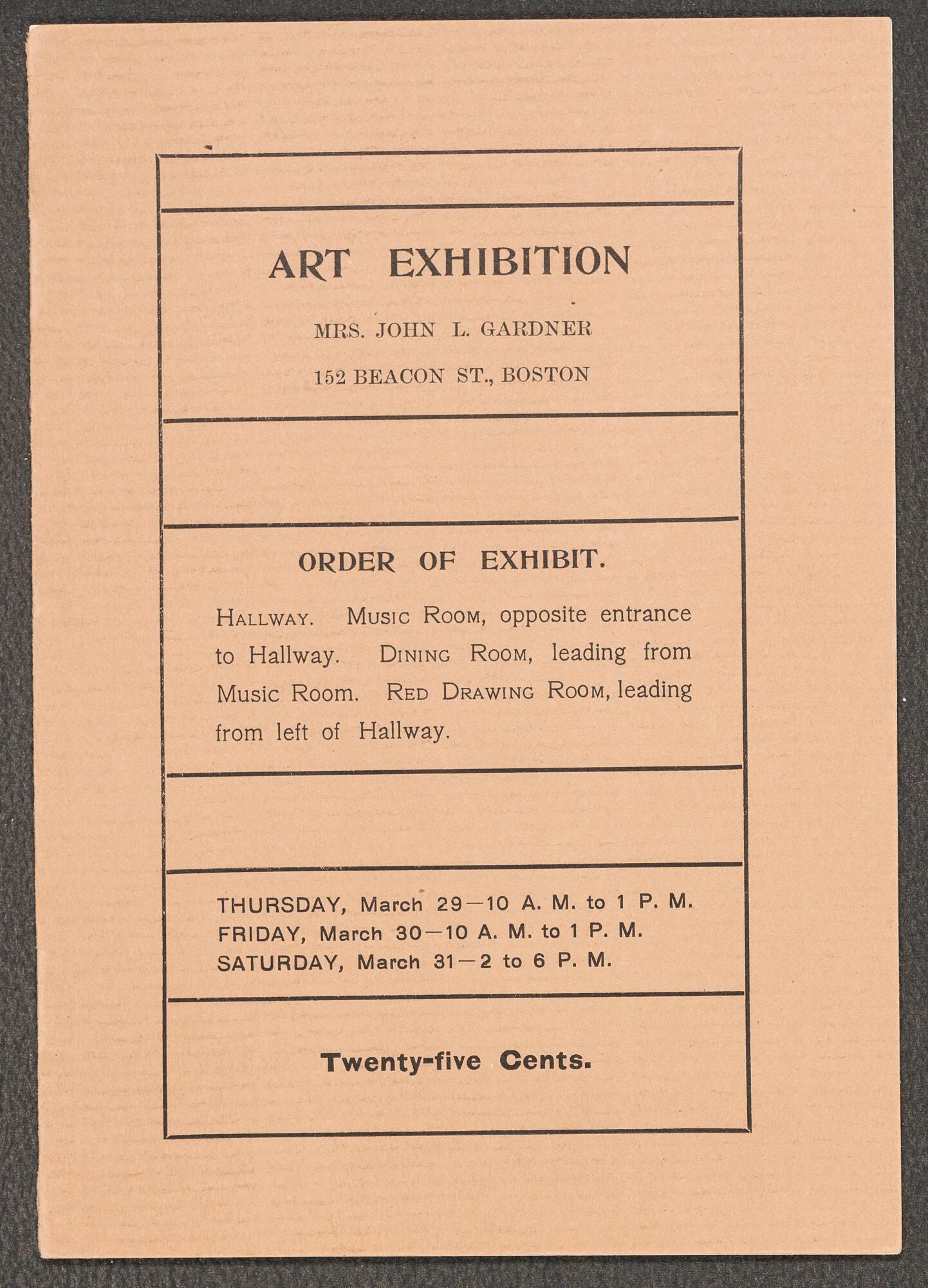Small printed book regarding the 1900 Art Exhibition at Isabella Stewart Gardner’s Back Bay home, printed by students at Cotting School