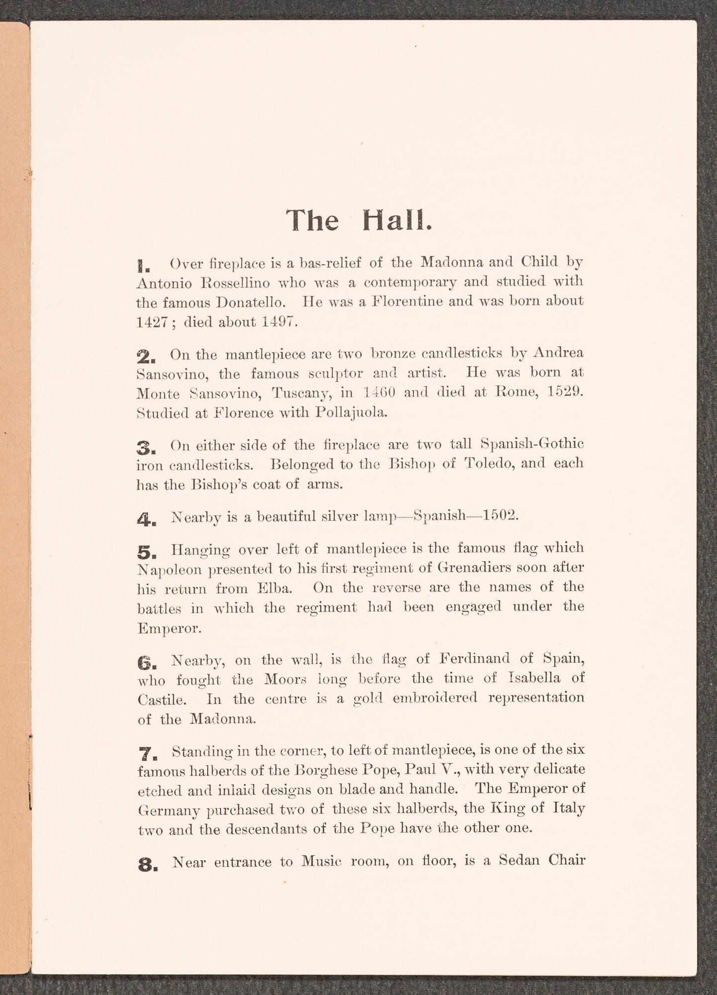 Page of a small printed book listing the contents of the Hall at Isabella Stewart Gardner’s 1900 art exhibition in her 152 Beacon Street home.