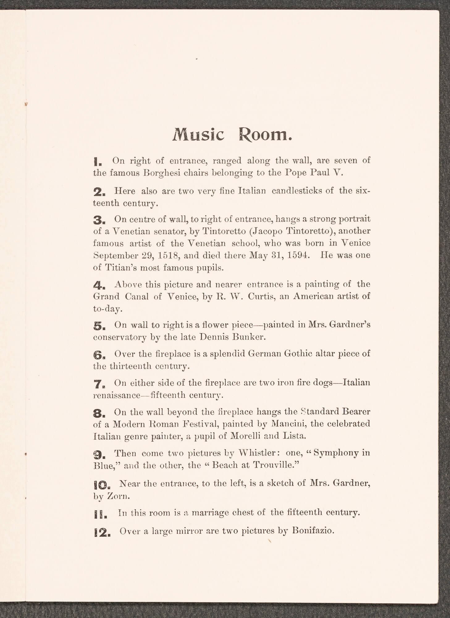 Page of a small printed book listing the contents of the Music Room at Isabella Stewart Gardner’s 1900 art exhibition in her 152 Beacon Street home.