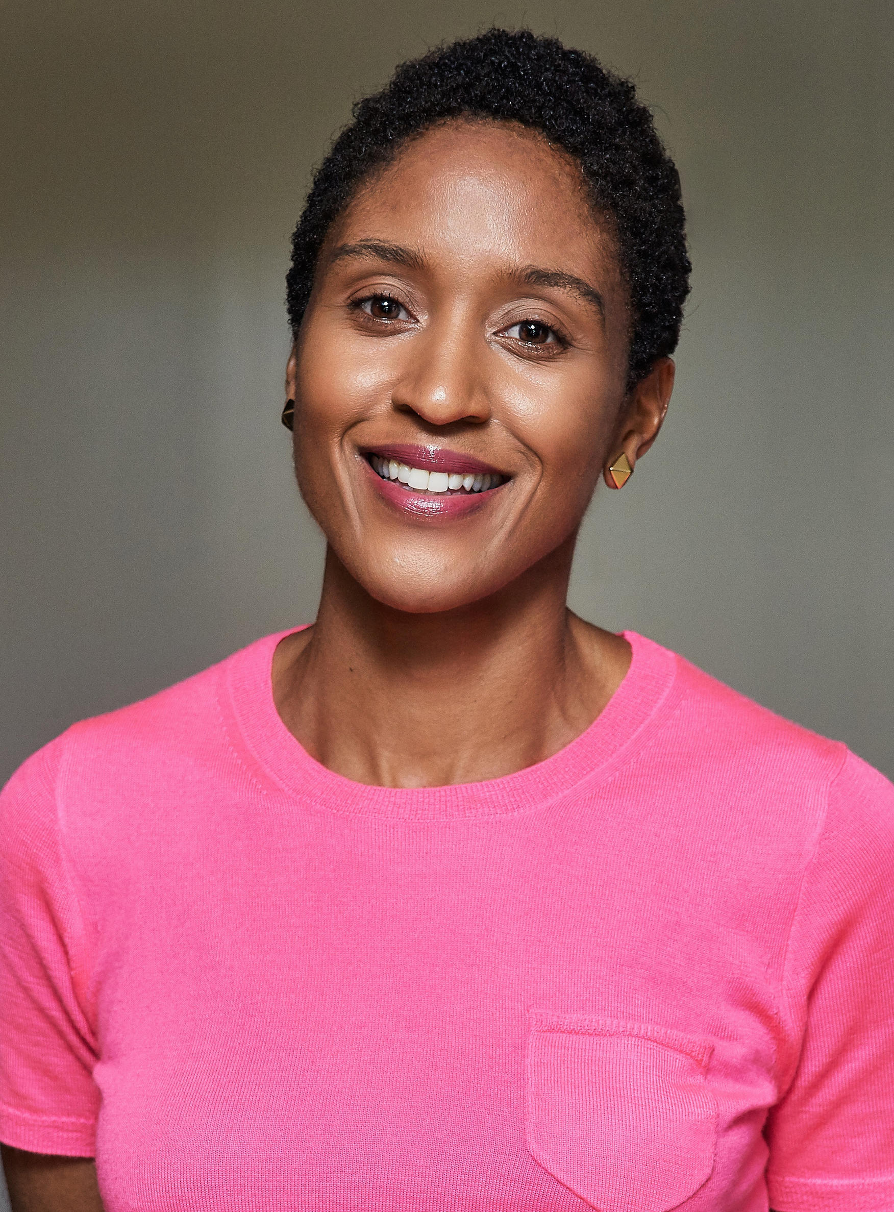 Woman in a pink t-shirt. 