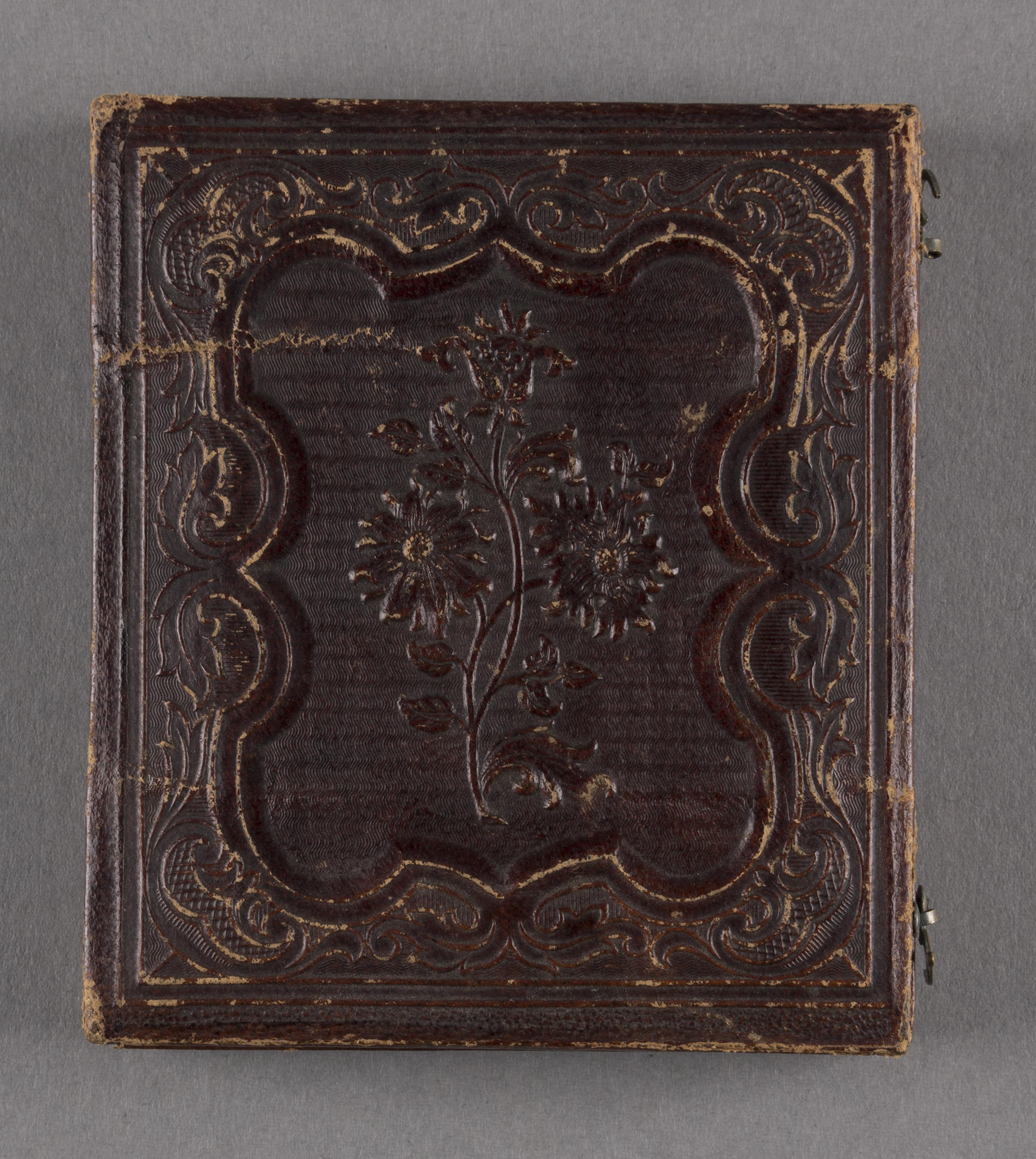 The outside of the embossed brown leather case of the daguerreotype of John L. Gardner, Sr.
