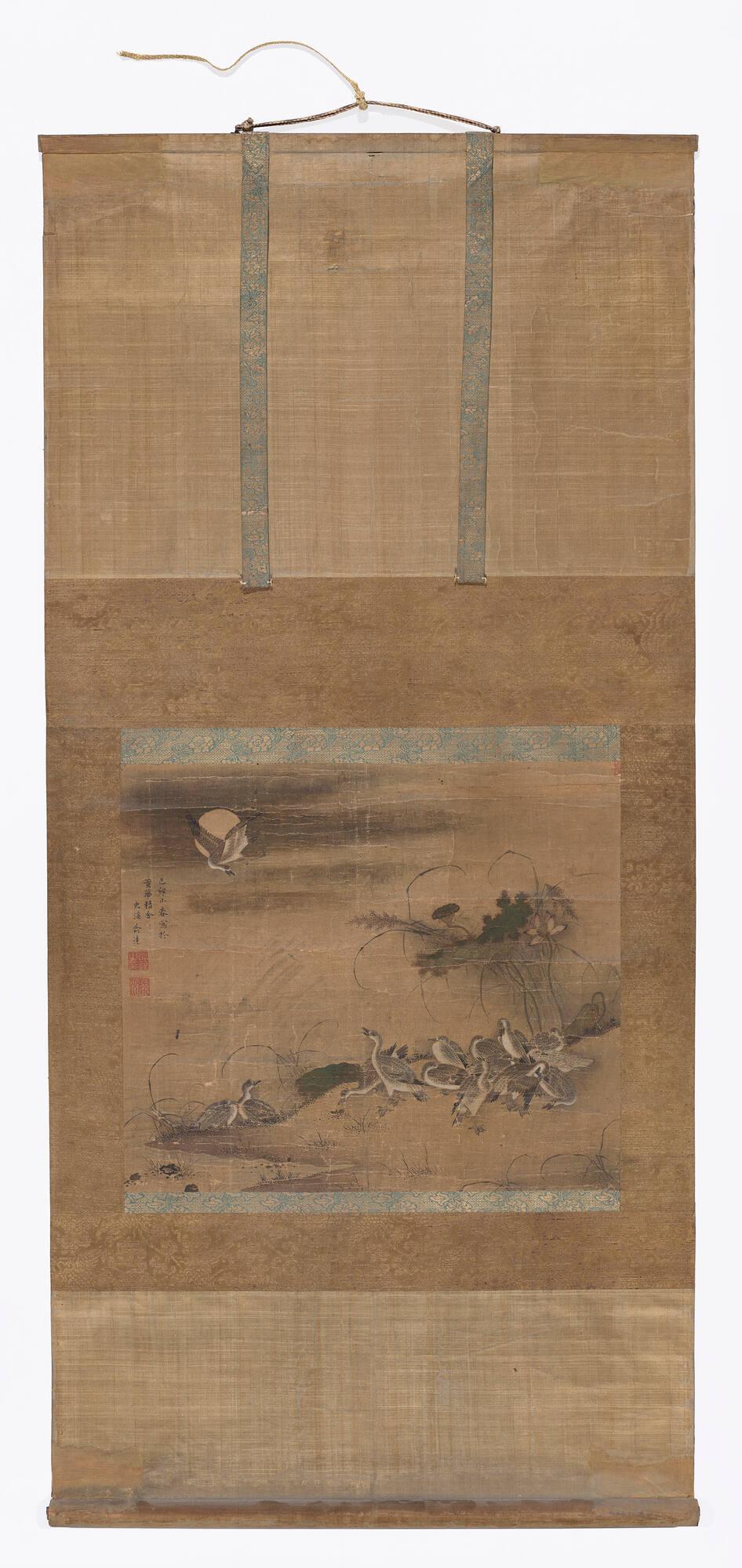 Yu Da’s ‘Wild Geese,’  mounted as a hanging scroll, wider than it is long, showing fifteen geese at night on the banks of a river.