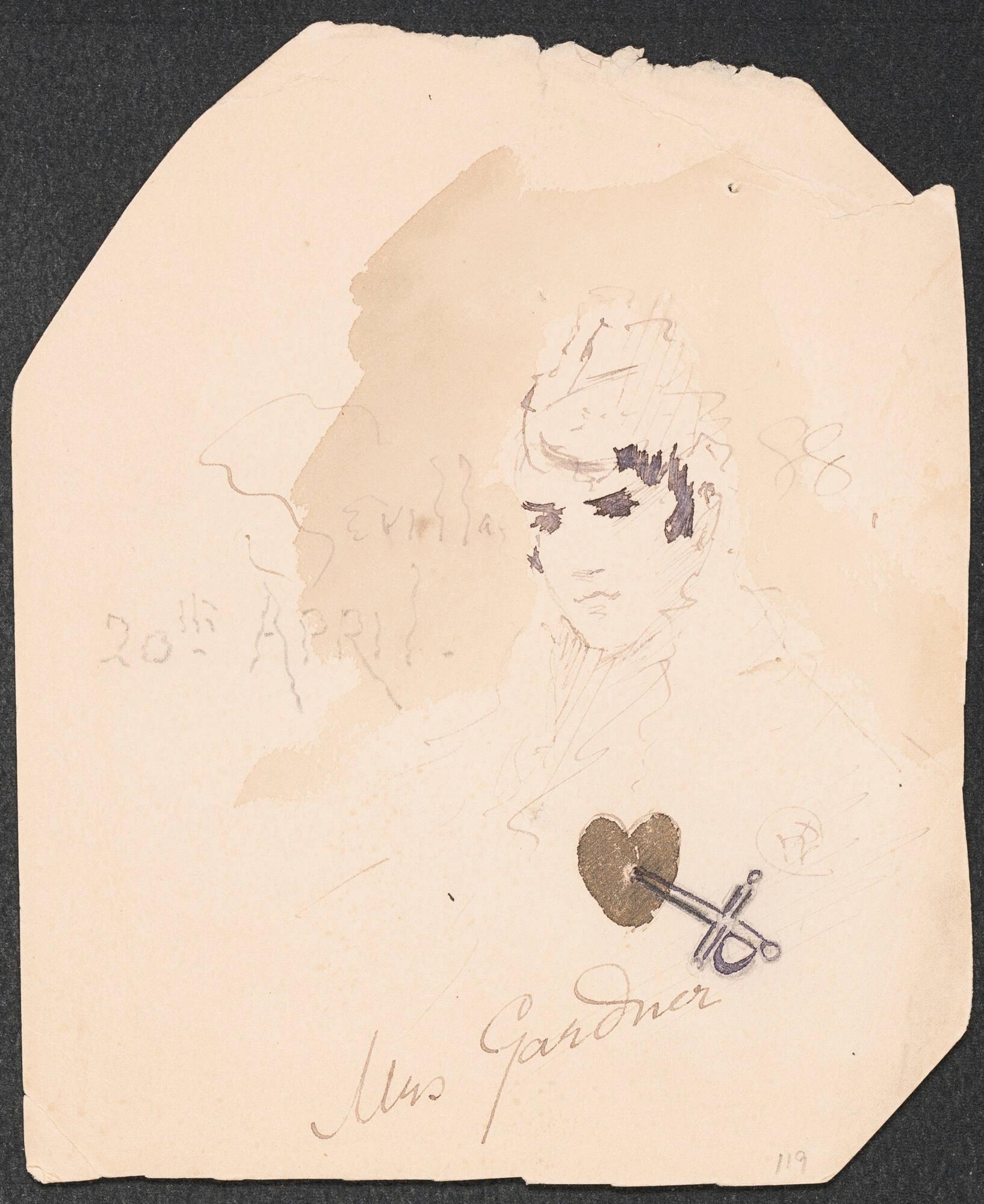 A sketch of Isabella Stewart Gardner’s head with a heart and a dagger and the words “Sevilla 20th April 1888 Mrs. Gardner”