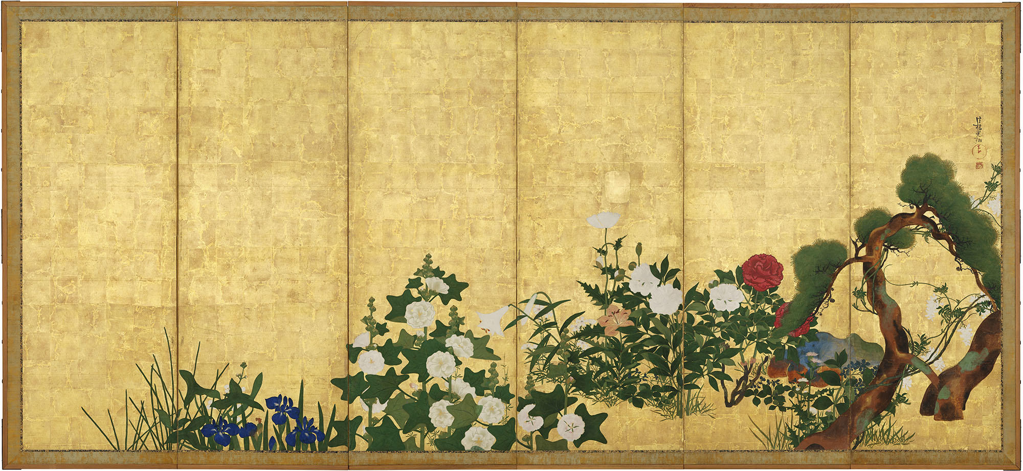 A six panel gold ground painting with plants that bloom in spring in Japan including from left to right arrowhead, Japanese iris, fig-leaved hollyhock, cleavers, Madonna lily, fringed pinks, opium poppy, tiger lily, peony, violet, tree peony, cabbage thistle, Japanese umbrella pine, and silky wisteria.