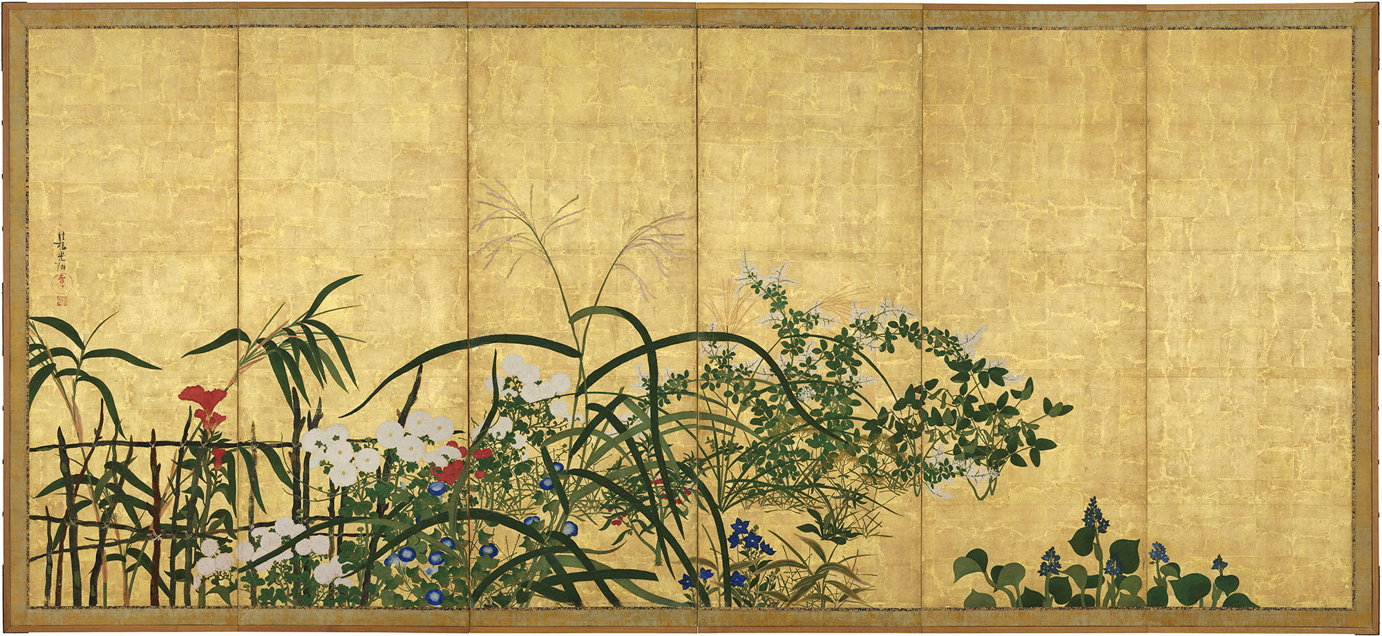 A six panel gold ground painting with plants that bloom in autumn in Japan including from left to right: fishpole bamboo, cockscomb, chrysanthemum, morning glory, bush clover, jasmine, Chinese silver grass, balloon flower, and water hyacinth.