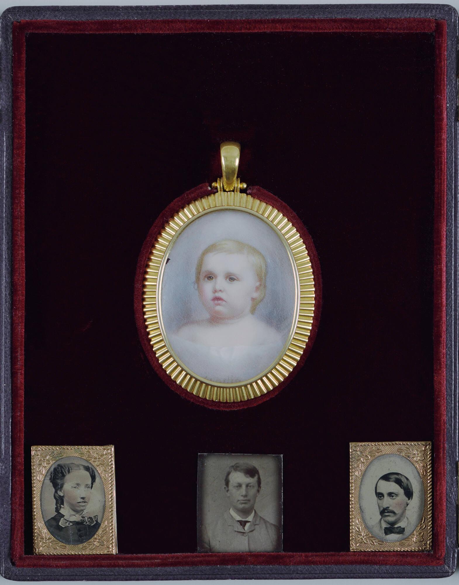 A velvet lined case containing a miniature painted portrait of a white infant boy with blonde hair and blue eyes, Isabella and Jack Gardner’s son, Jackie. Below the painted portrait are three miniature photographs of Jack Gardner, Joseph Peabody Gardner, and Isabella Gardner.