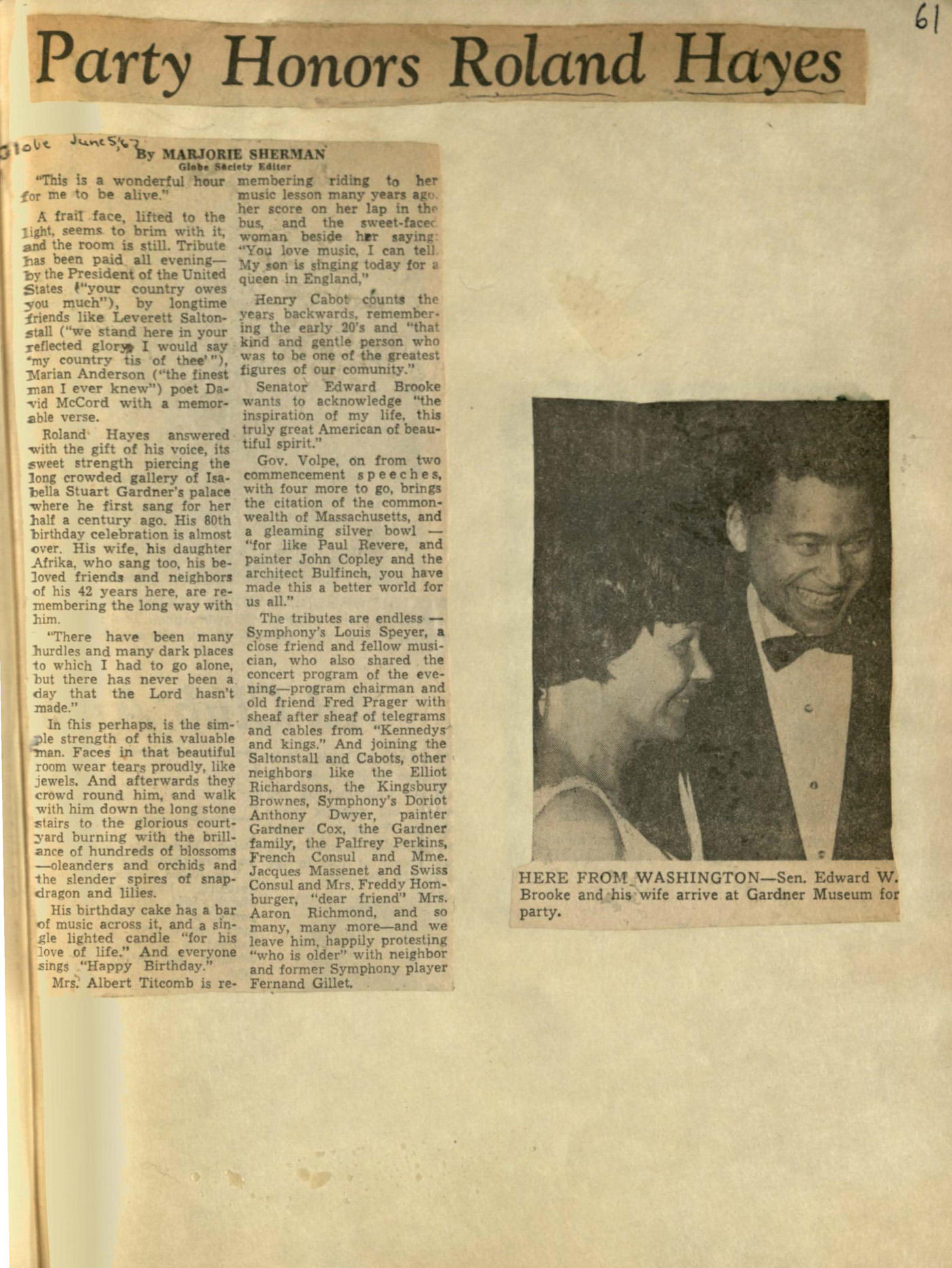 Newspaper article about Roland Hayes singing at the Gardner Museum, with a photograph of Senator Brooke and his wife, pasted on a larger page.