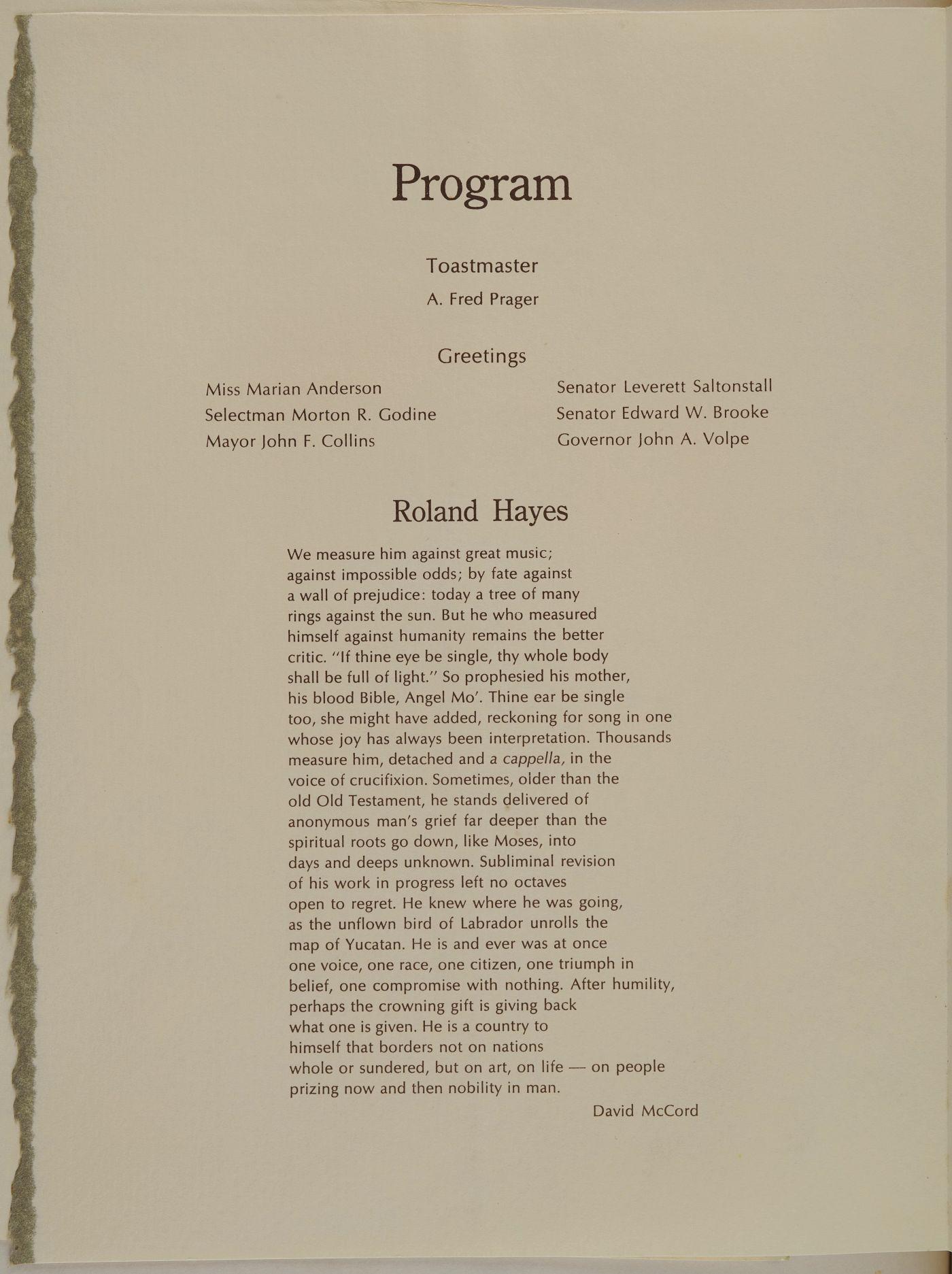 Interior of program for the birthday celebration at the Gardner Museum, with a schedule for the event, and a poem about Roland Hayes.