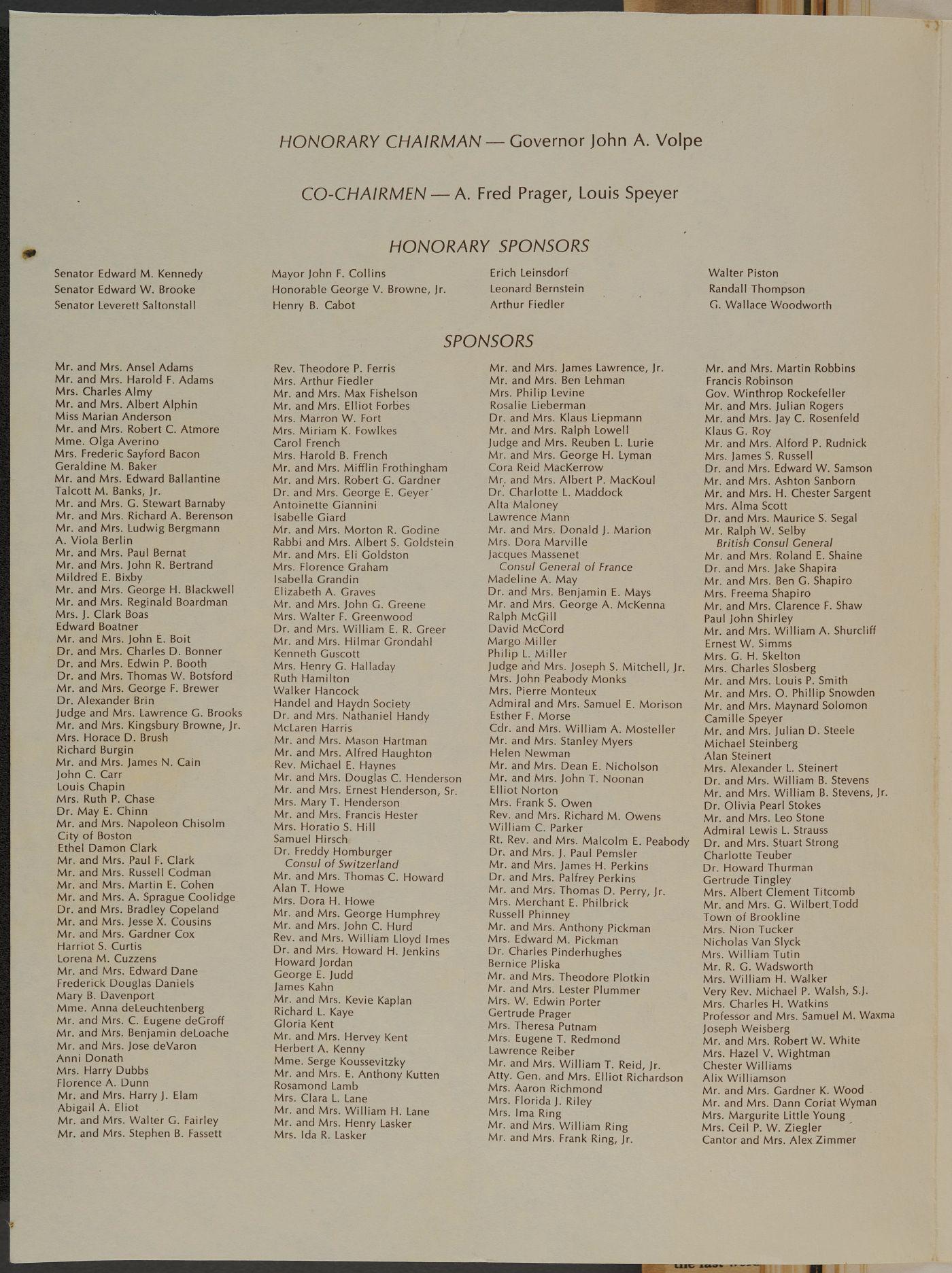 Back of the program listing the sponsors of Roland Hayes birthday celebration at the Gardner Museum. 