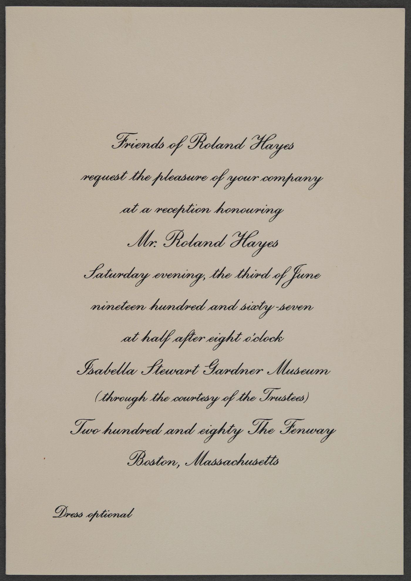 Formal printed invitation to the Roland Hayes birthday celebration at the Gardner Museum.