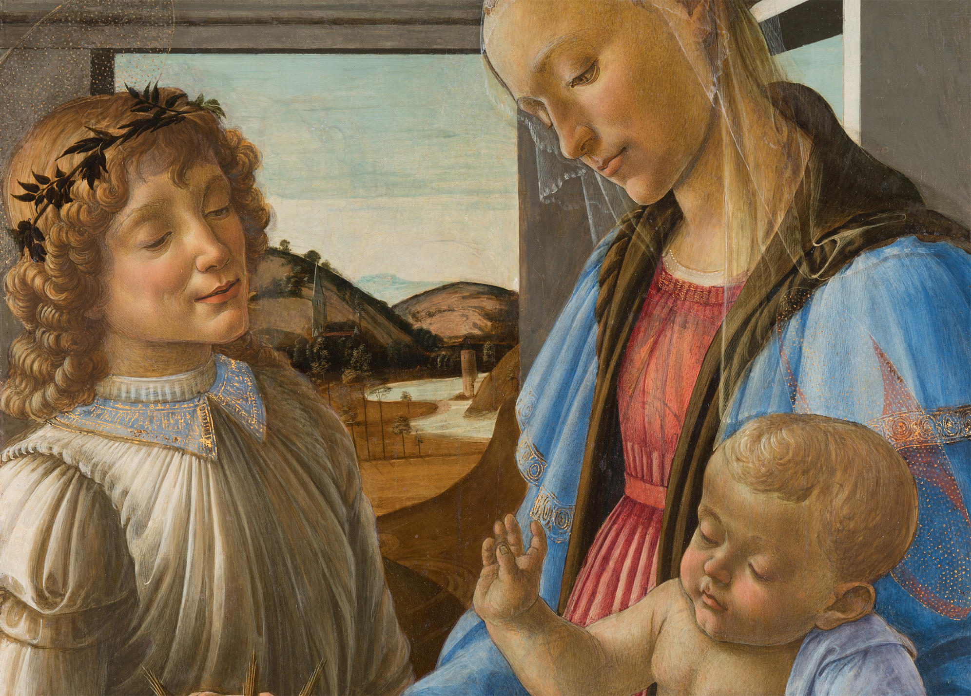 A detail of Botticelli’s painting Virgin and Child with an Angel where line drawings are visible in the blue sky, red dress of the Virgin Mary and the arm of the infant, the baby Jesus.