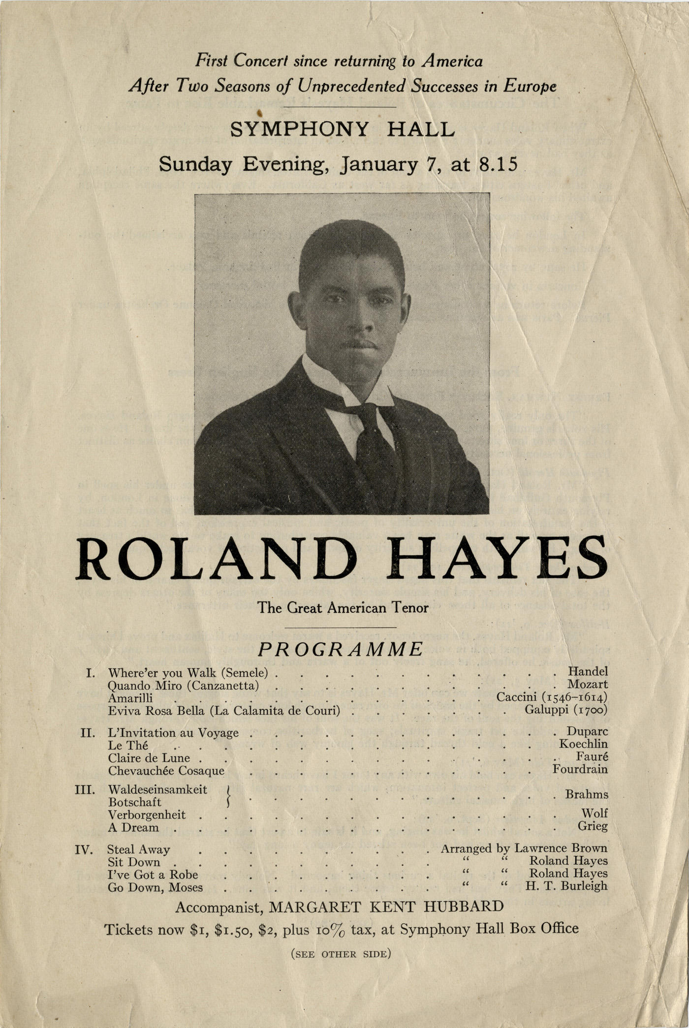 Printed description of Boston Symphony Orchestra music program containing a portrait of Roland Hayes as a young man. 