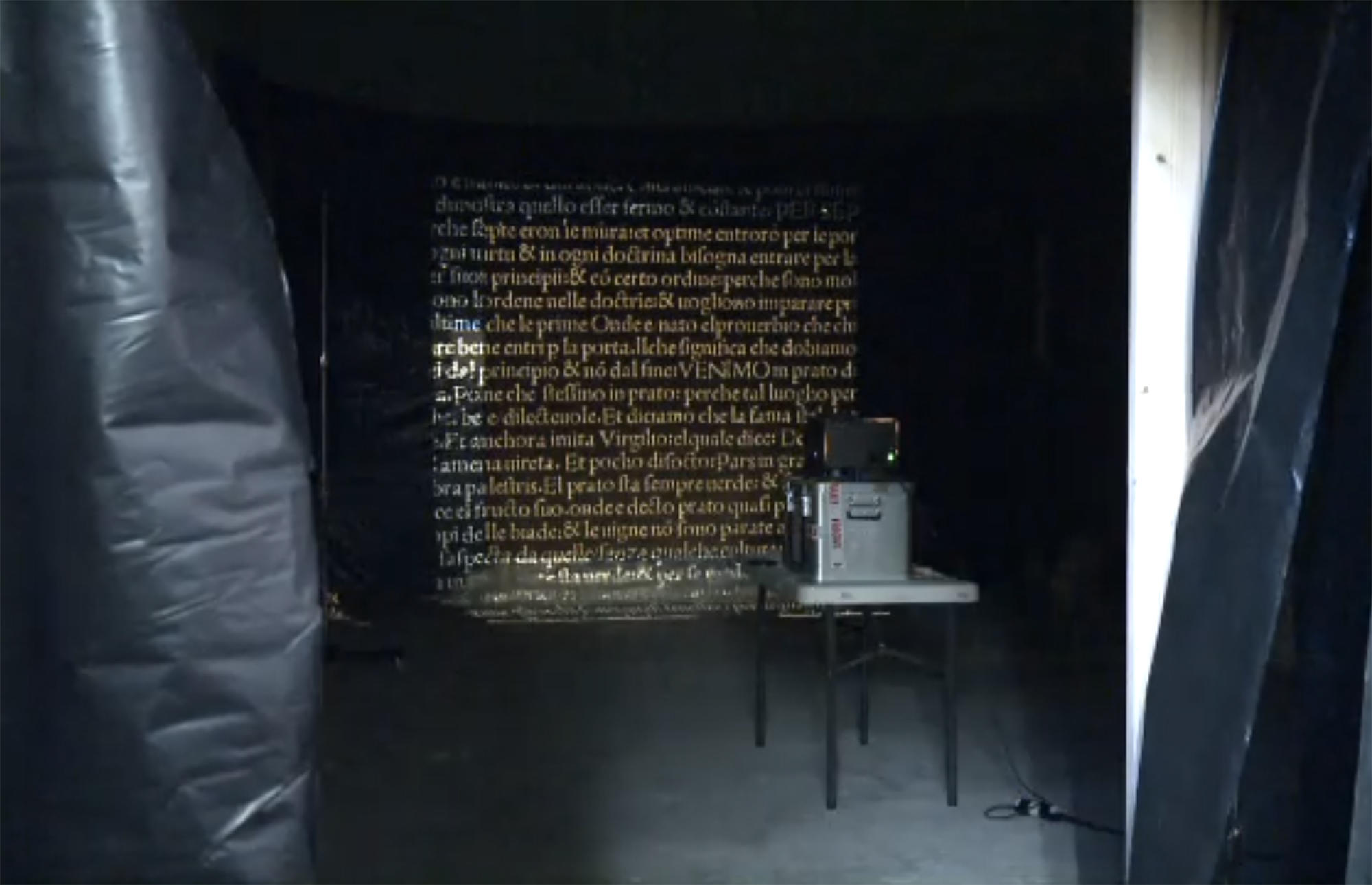 The text from Dante’s Canto IV being projected onto a square of grass from Ackroyd & Harvey’s ‘Script’.