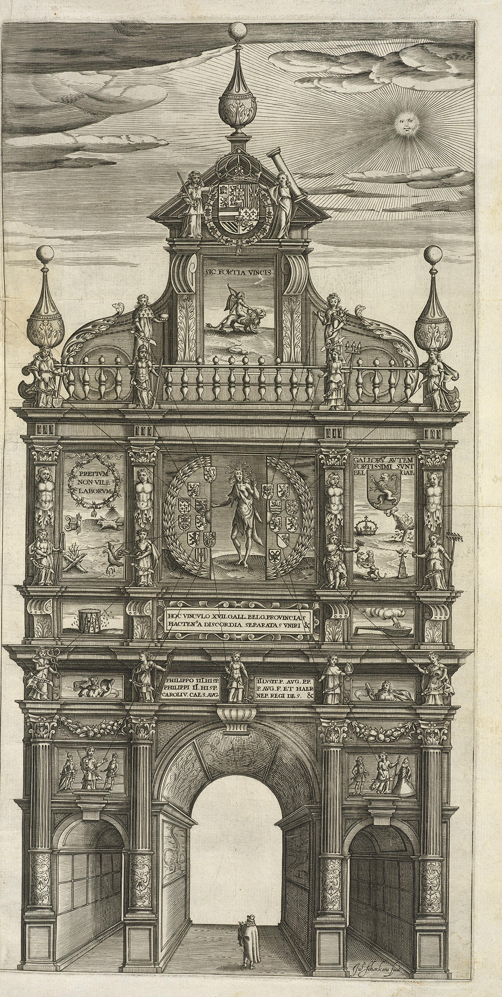 An etching of an arch with three openings and decorative features including the Spanish Royal coat of arms, the figure of Cupid, and Discordia, created by Jan Schorkens.