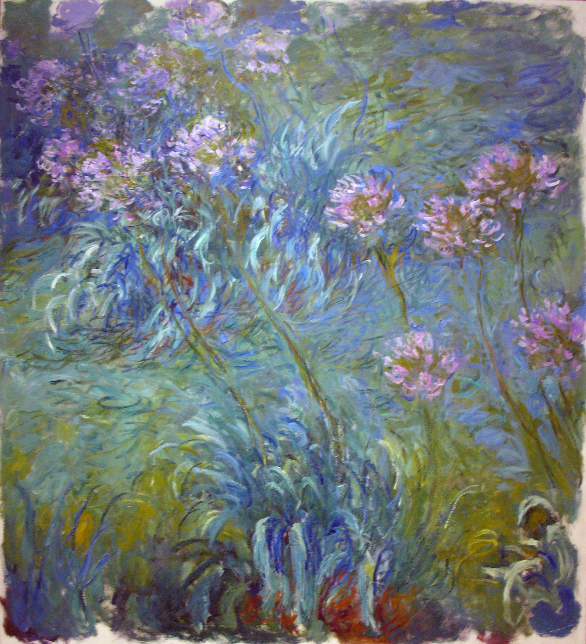 An impressionist oil painting of Agapanthus flowers in front of blue-green water.