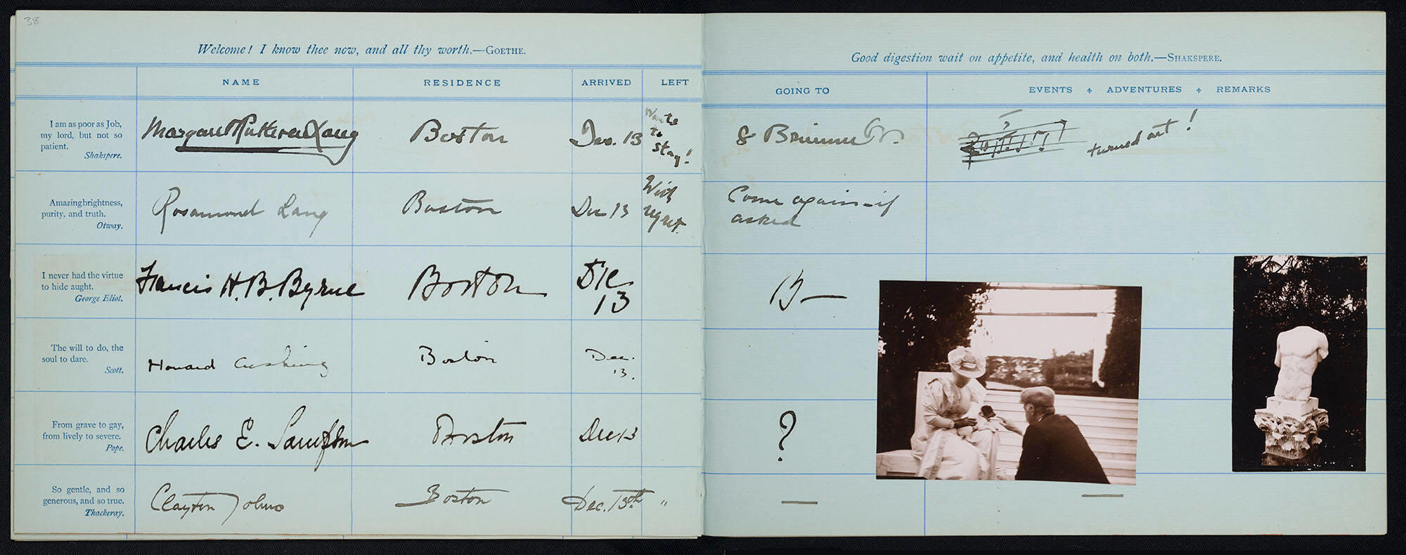 Pages of handwritten entries from Isabella’s guest book, including individuals’ names, residences, dates of the visit, next destination, and remarks. The top entry is the signature of Margaret Ruthven Lang with a bar of music.