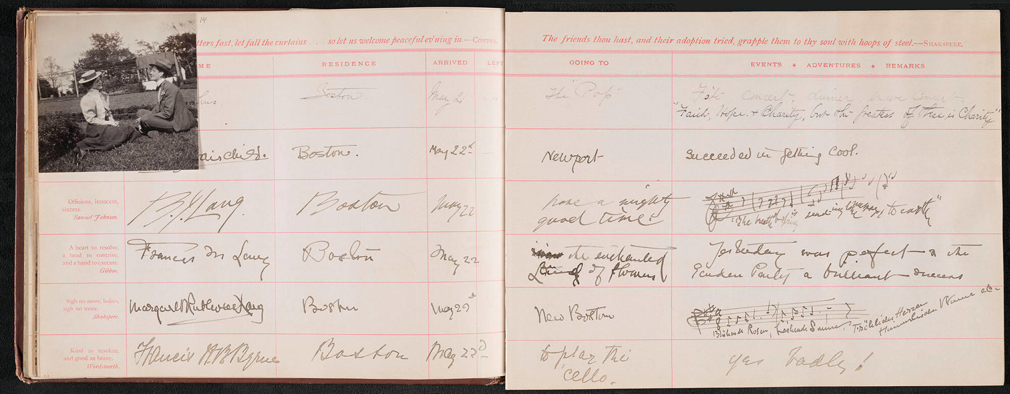 Pages of handwritten entries from Isabella’s guest book, including individuals’ names, residences, dates of the visit, next destination, and remarks. The fifth entry is the signature of Margaret Ruthven Lang with a bar of music.