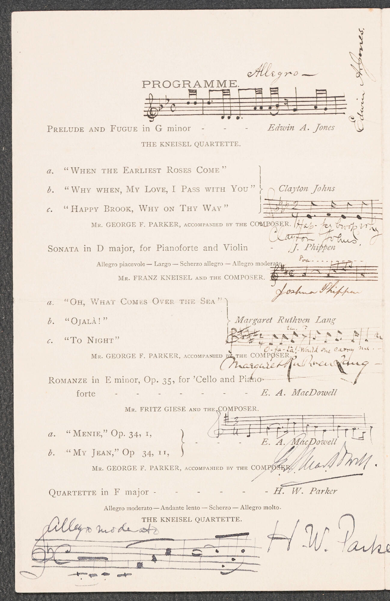A printed list of musical works by Edwin A. Jones, Clayton Johns, J. Phippen, E.A. MacDowell, H.W. Parker, and the Kneisel Quartette, with signatures of the composers and handwritten bars of music.