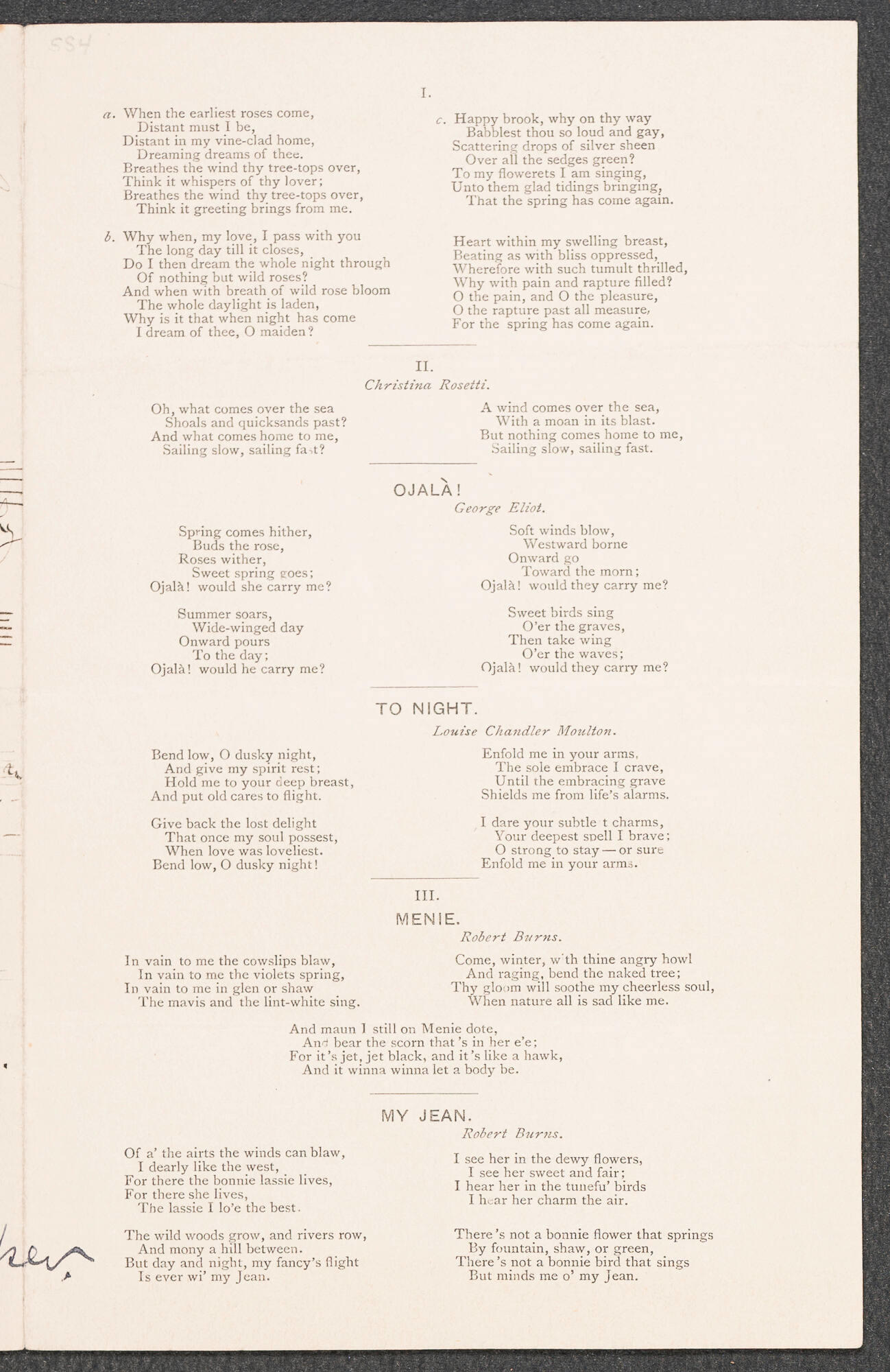 Printed texts of six songs from Isabella Stewart Gardner’s Manuscript Club program.