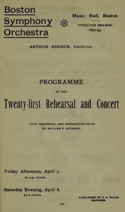 Printed cover page from the “Twenty-first Rehearsal and Concert” of the Boston Symphony Orchestra’s 12th season in 1893.