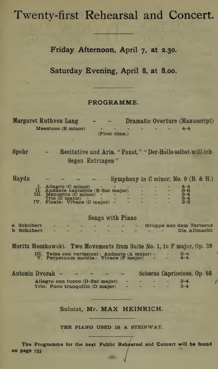 List of works by Lang, Spohr, Haydn, Moszkowski, and Dvorak from the Boston Symphony Orchestra’s Twenty-First Rehearsal and Concert pamphlet.