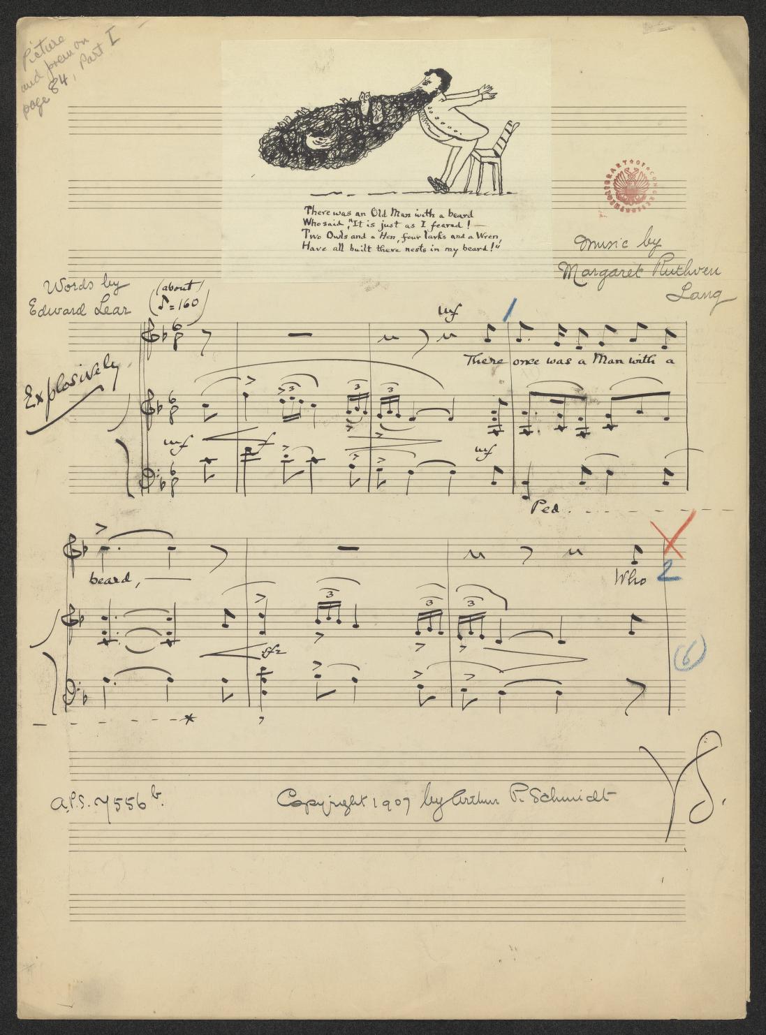 Notated music by Margaret Ruthven Lang for piano and voice with a comical image of a man with birds in his large dark beard.