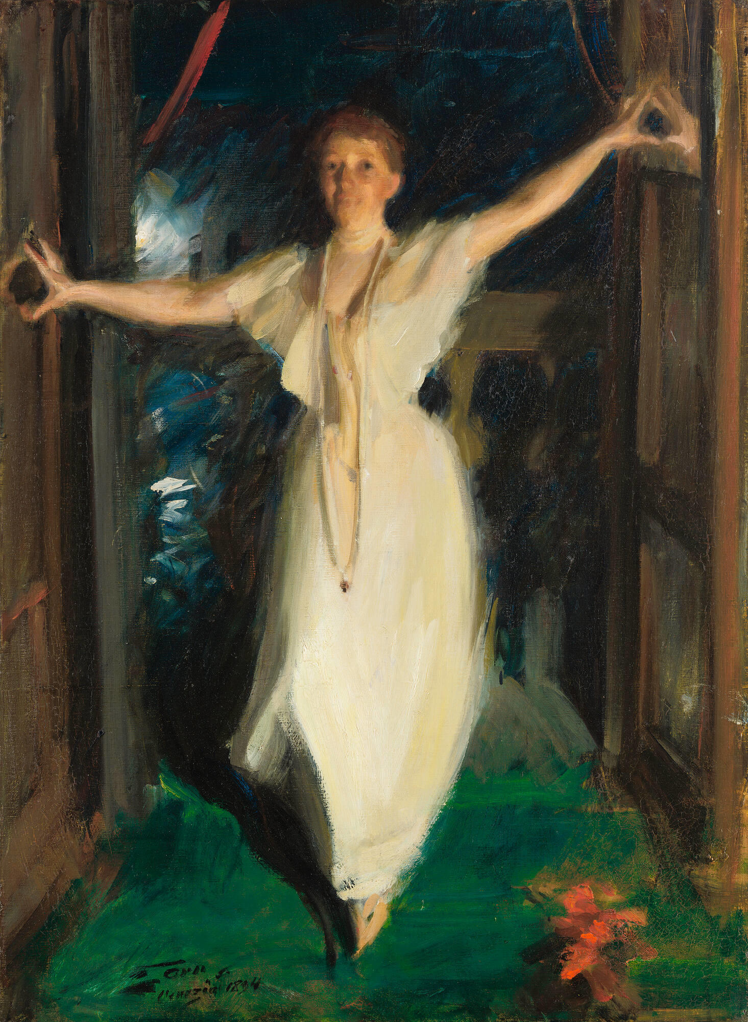 A woman, Isabella Stewart Gardner, with light skin and brown hair, steps forward with her arms outstretched. She wears a white dress and a long strand of pearls with a ruby.