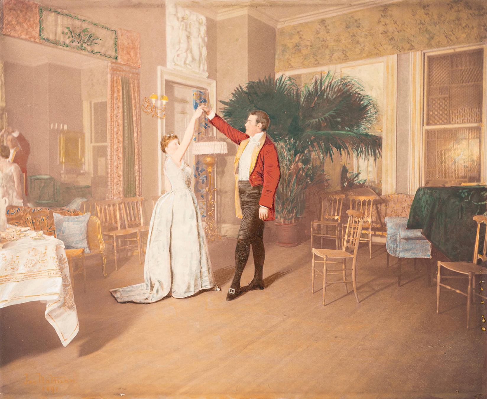A light skinned woman, Isabella Stewart Gardner in a white House of Worth gown dances with a light skinned man, Randolph Appleton, with a red evening coat and black trousers.