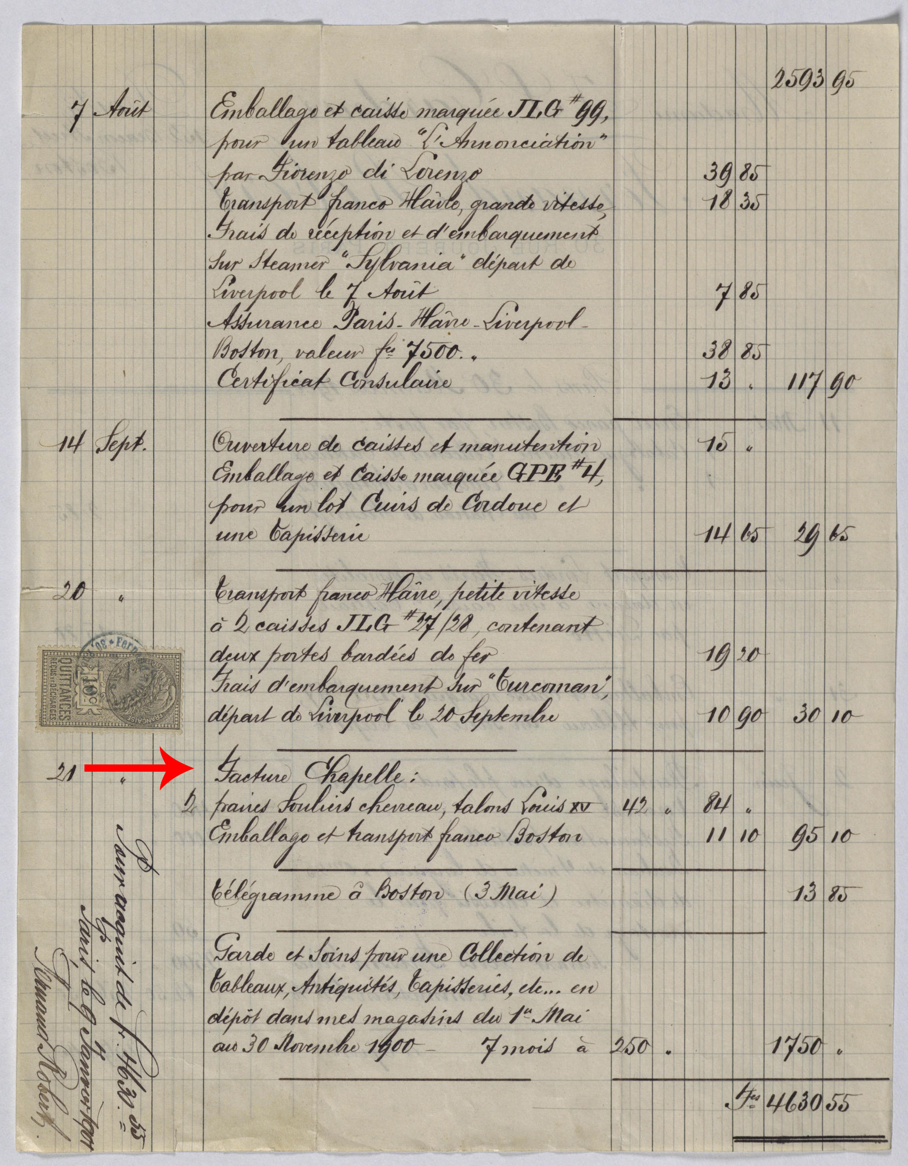 A red arrow points to the words in French, Facture Chapelle, 2 paires Souliers cheveau, Salons Louis XV, on a handwritten shipping receipt