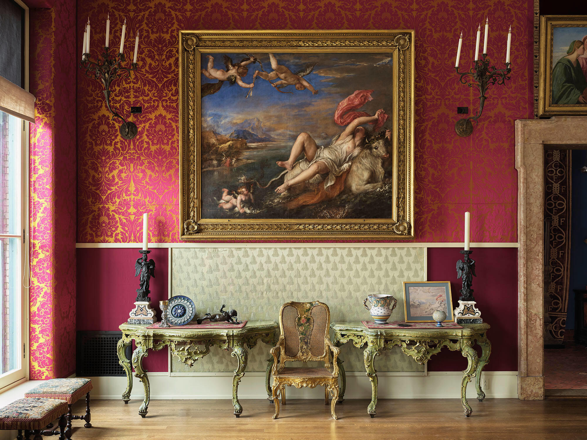 View of the Titian Room, including a large swatch of light-colored fabric with tassels made by Charles Frederick Worth