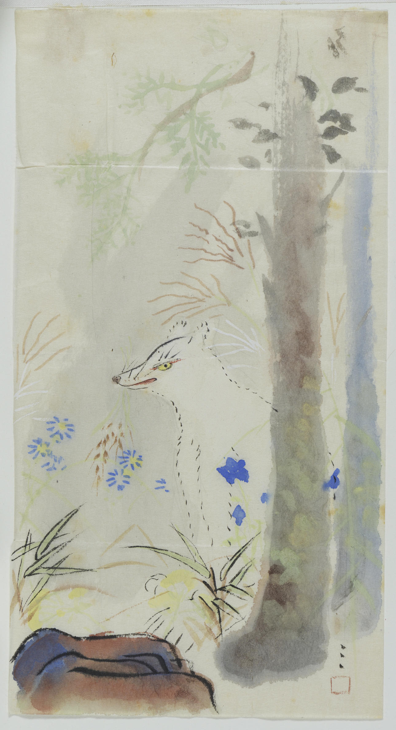 A white fox drawn in watercolor sits in a forest next to a tree and blue flowers.