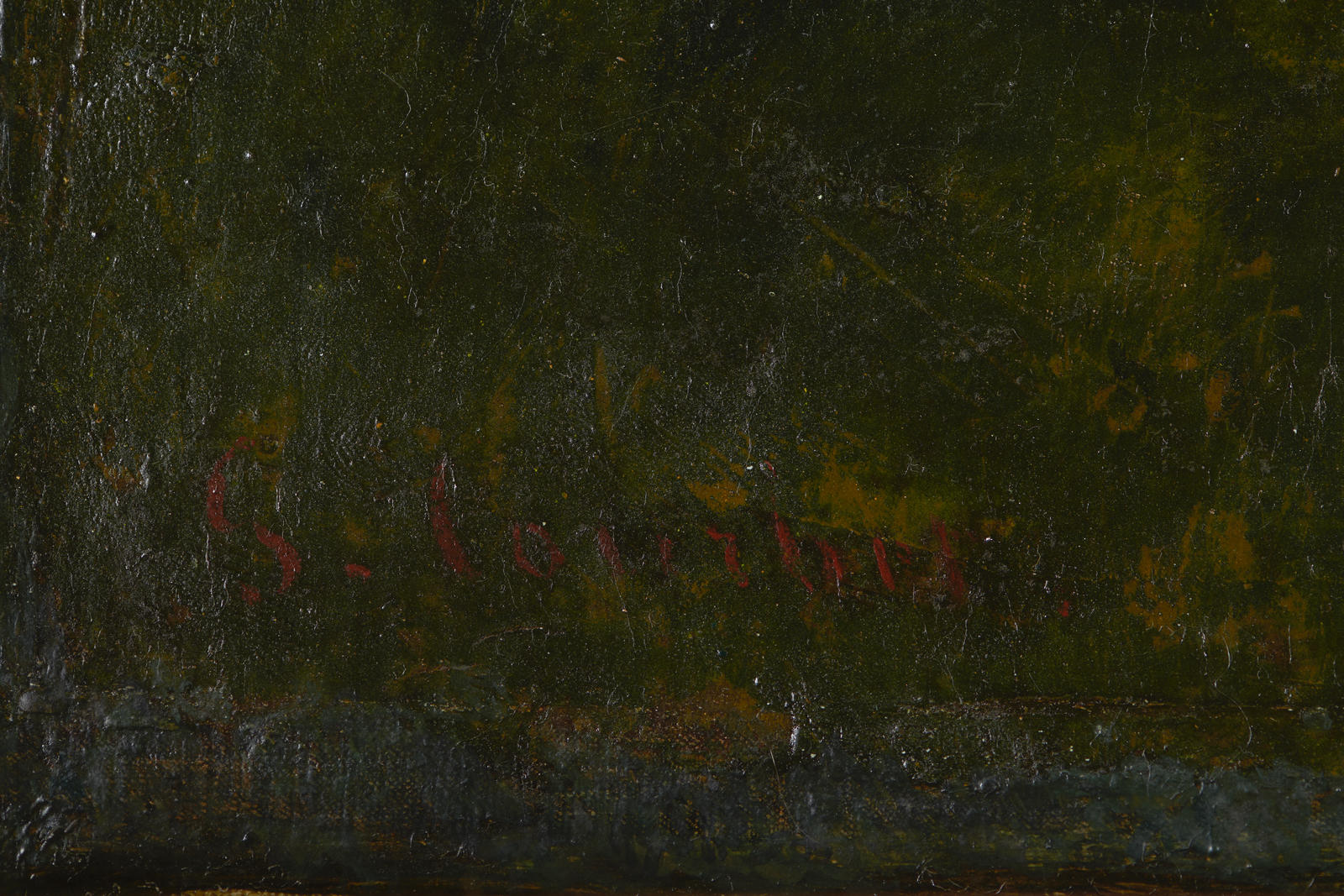 A photograph of a close up of Gustave Courbet’s signature in red oil paint on dark green oil paint.