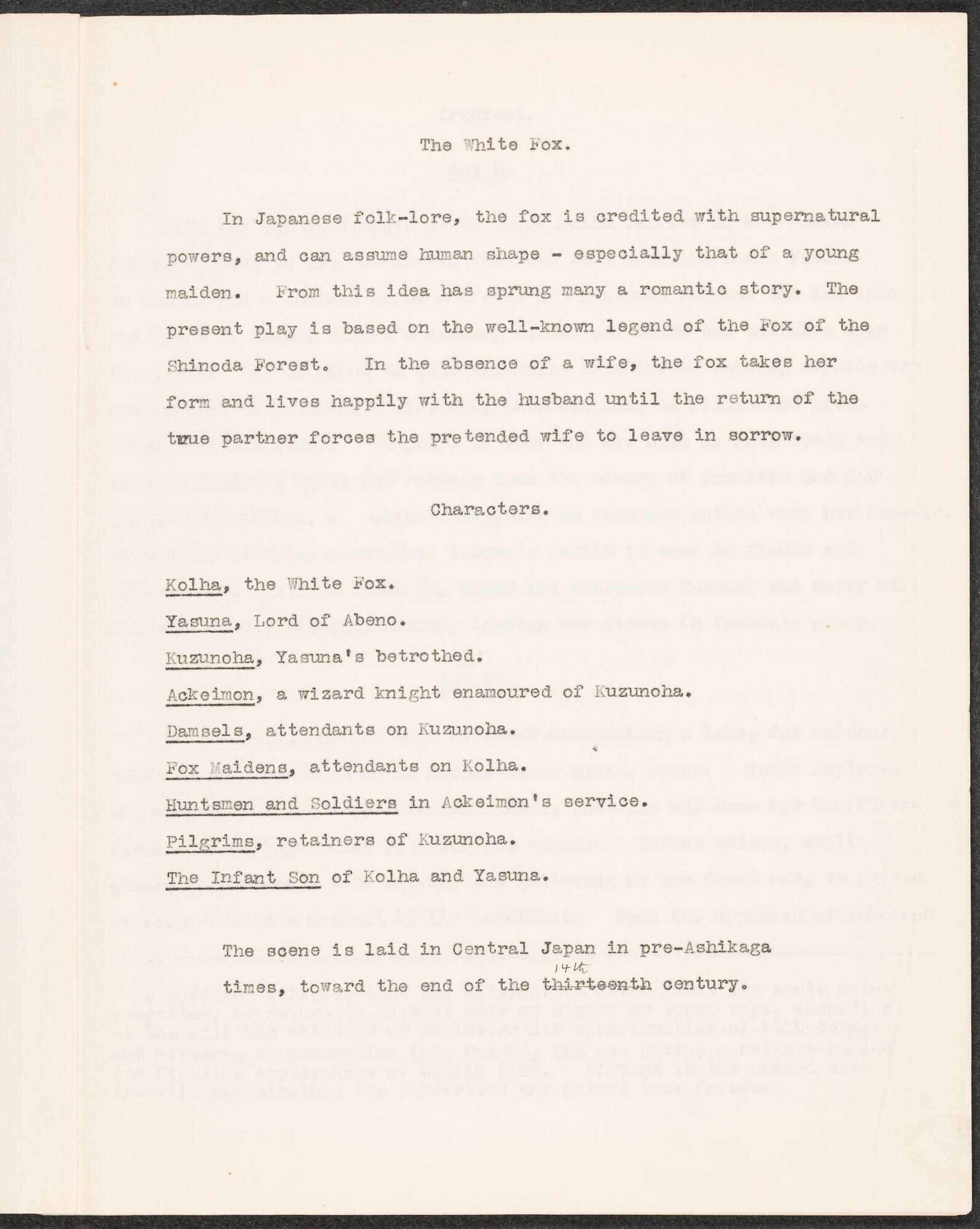 An explanation of the significance of foxes in Japanese folklore, along with a list of characters, from the opening pages of Okakura Kakuzō’s libretto, ‘The White Fox’.