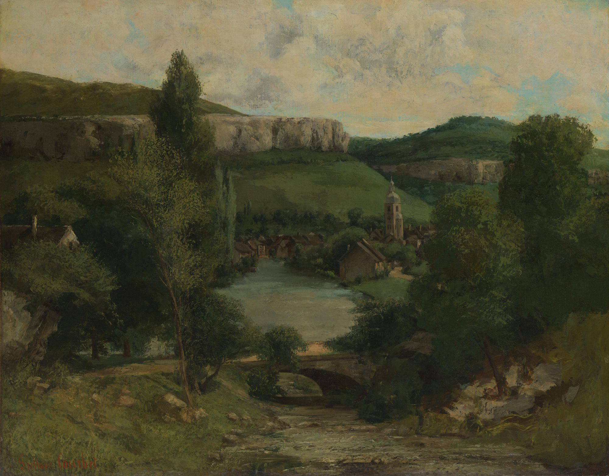 An oil painting of a landscape with a bridge at the foreground and a pond at the center surrounded by foliage and hills in the background. 