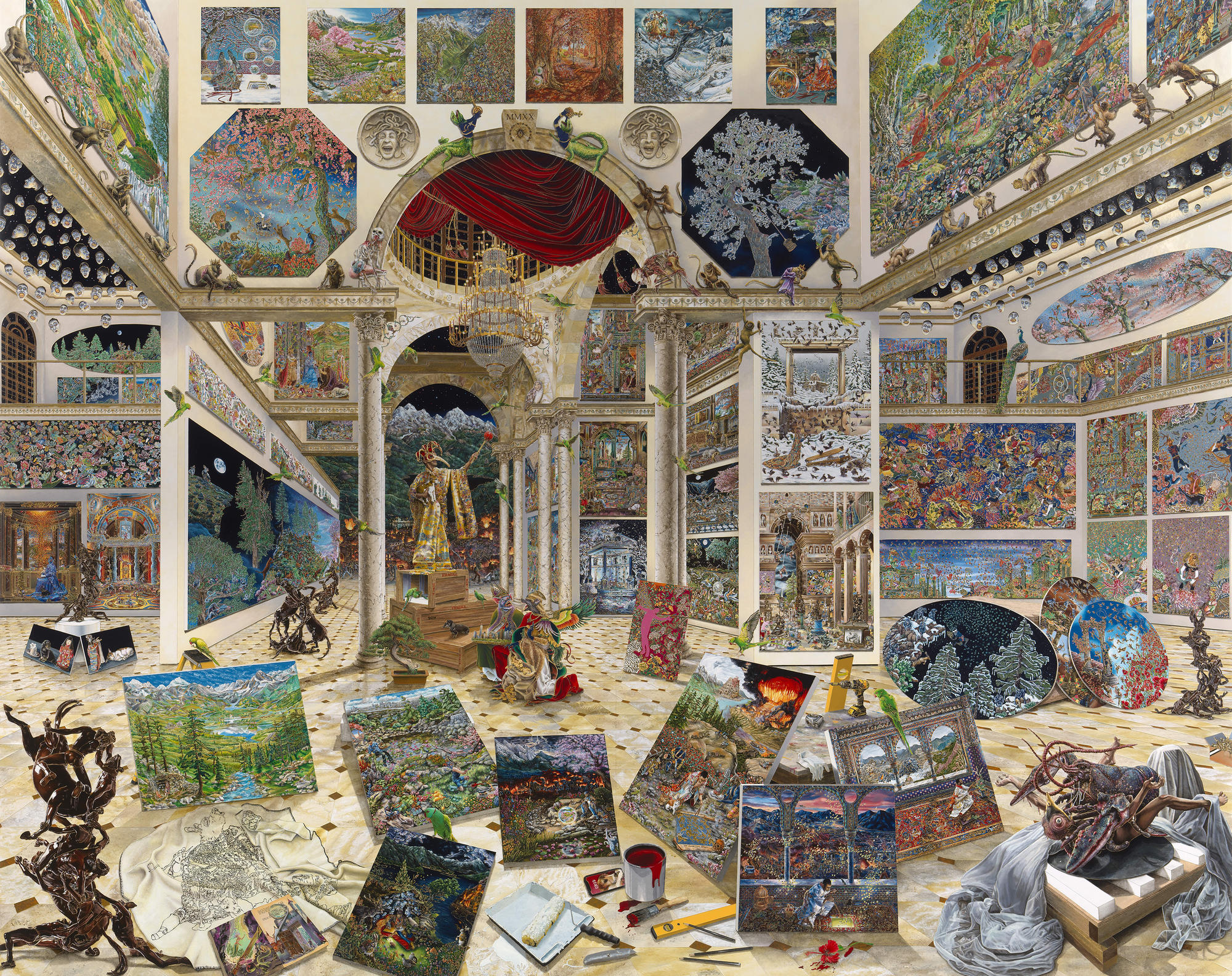 Images of many different works of Raqib Shaw within a Raqib Shaw painting. 
