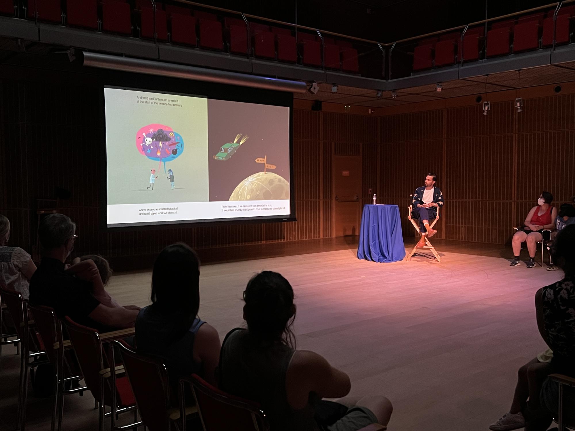 Oliver Jeffers Reading from his yet to be published book, "Meanwhile Back on Earth…" to fans of all ages in Calderwood Hall, August 4, 2022.