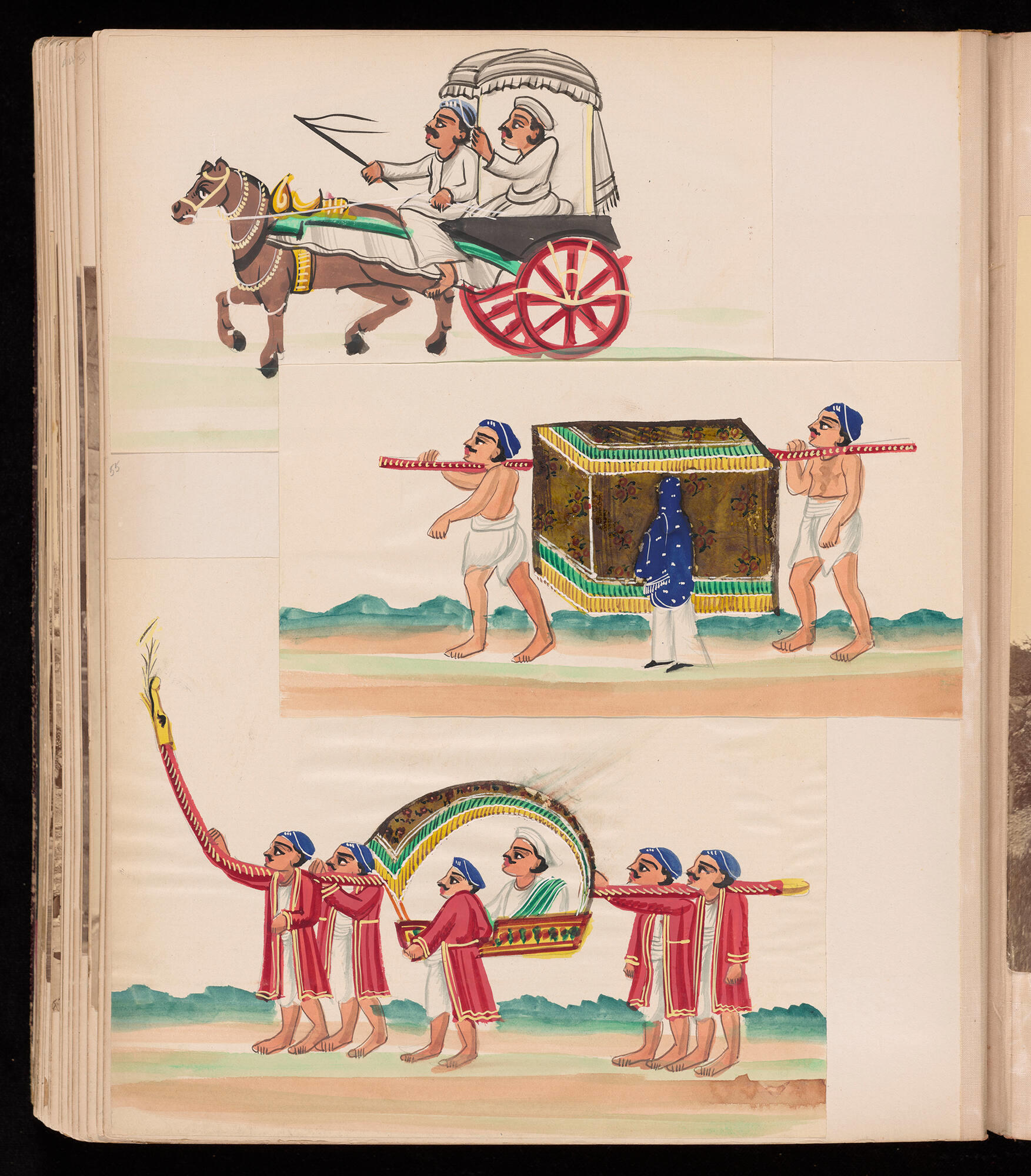 Three colored watercolors of two men in a horse and buggy, a covered palanquin being carried by two men, and an open palanquin being carried by four men