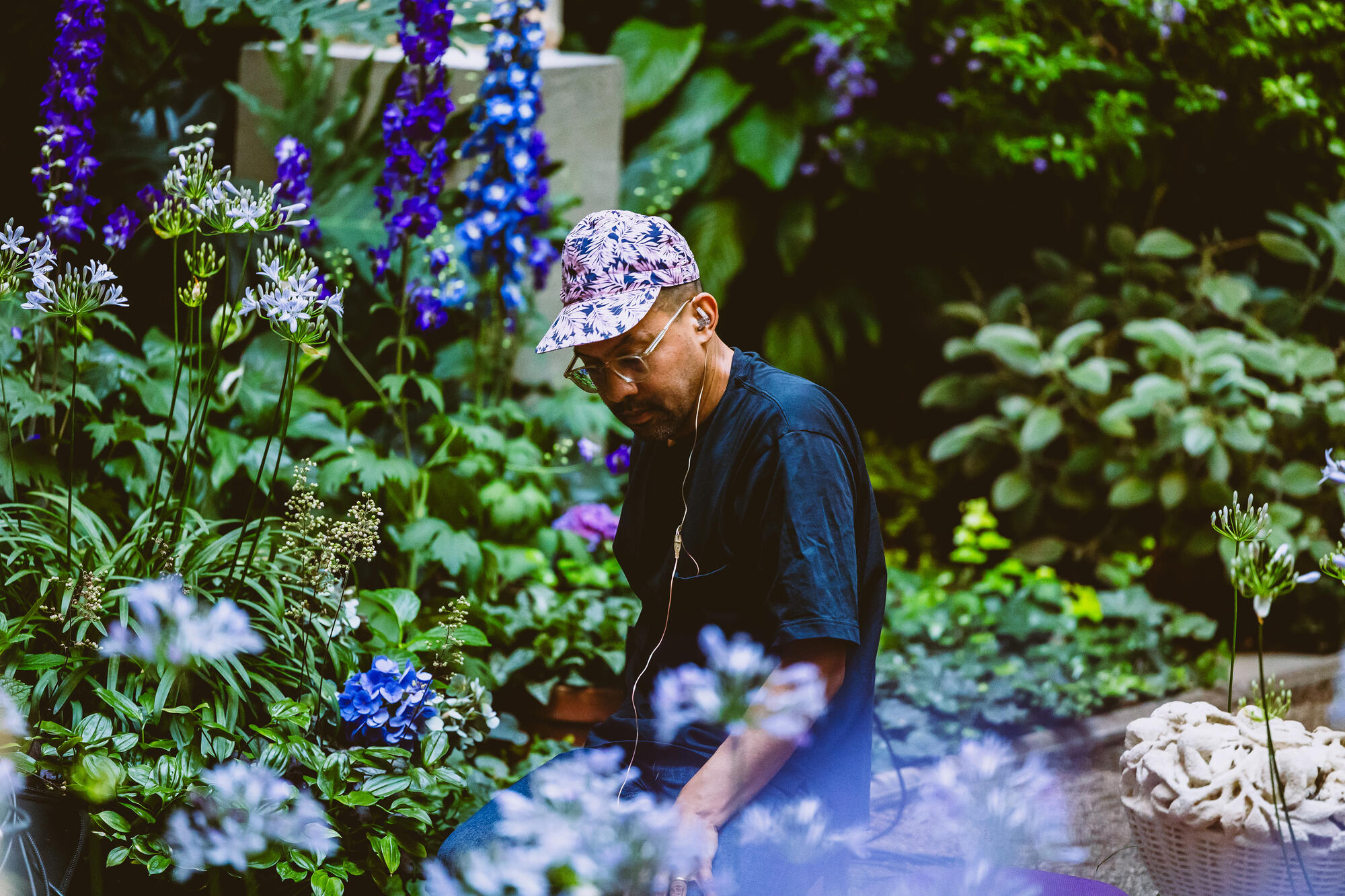 Man with a blue shirt and baseball cap sitting among purple flowers in the courtyard 