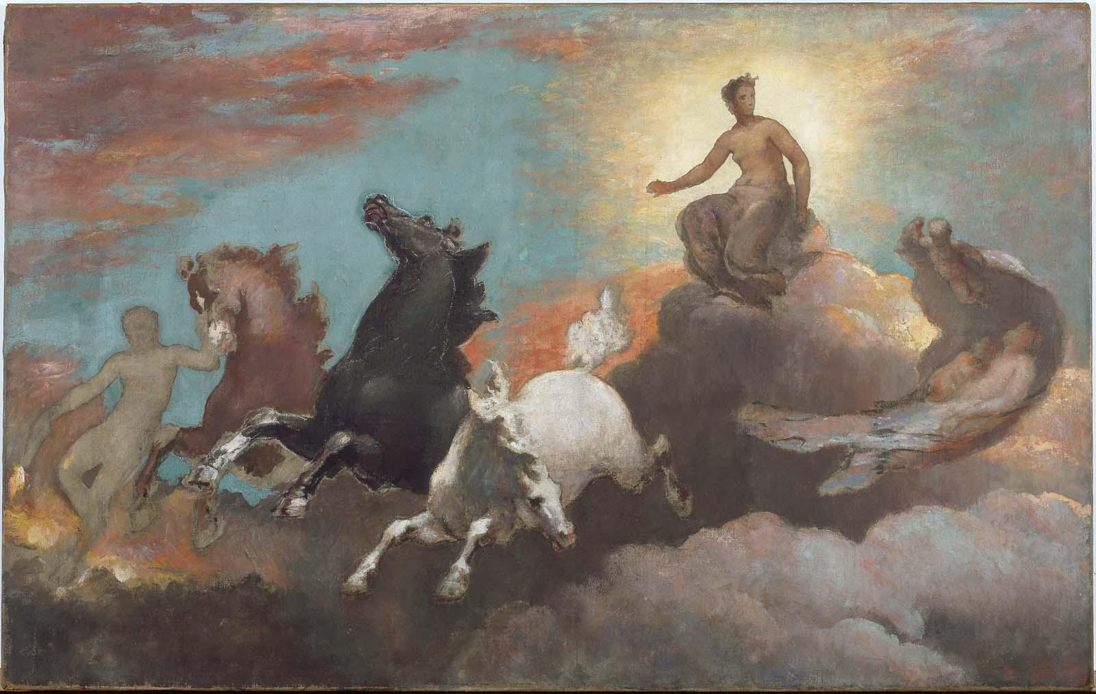 A painting of three horses, four adult human figures, and two cherubs set in the sky amidst clouds and a rising sun