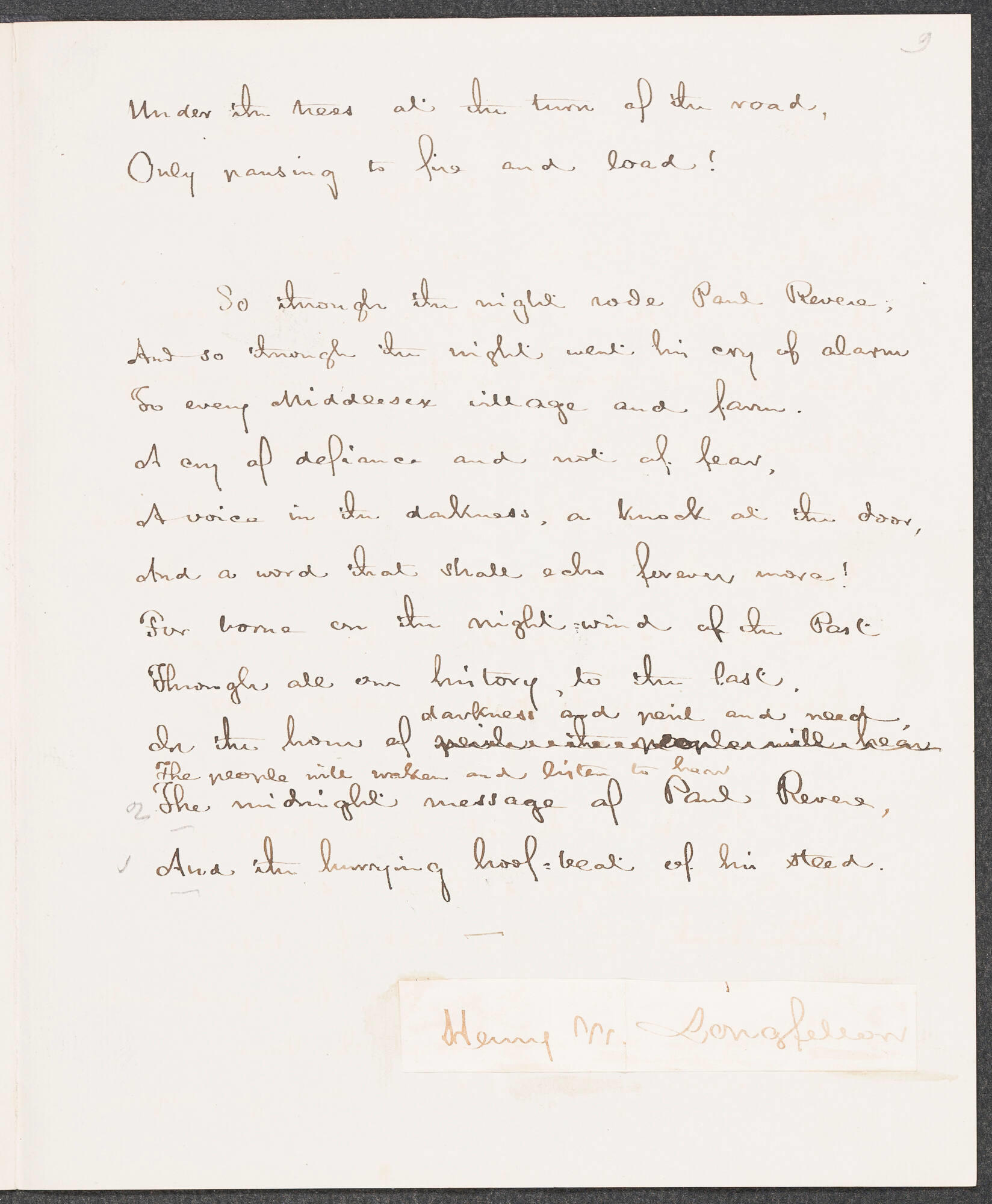 The last page of Gardner's manuscript of Longfellow’s poem “Paul Revere’s Ride” with edits.