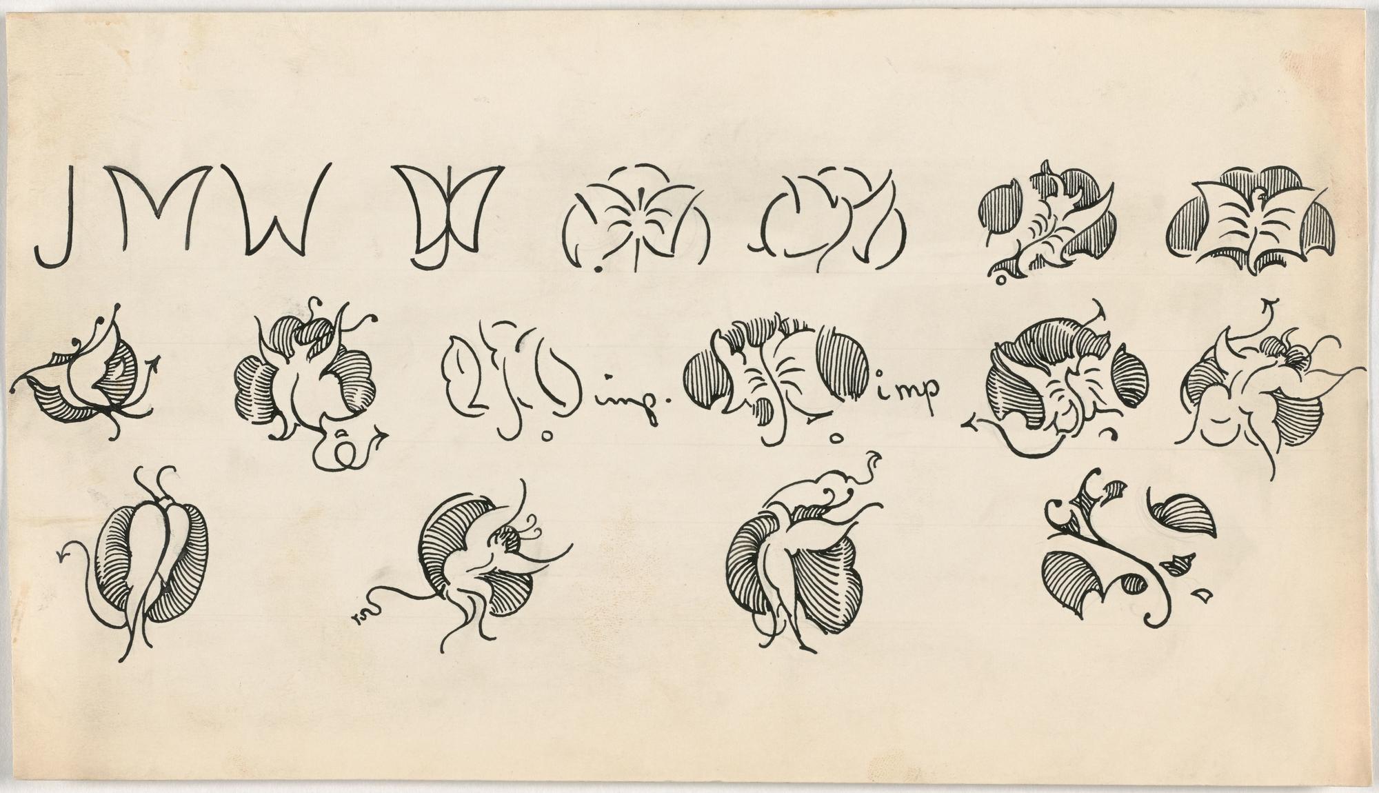 Series of illustrations showing the metamorphosis and variations of James McNeill Whistler's initials into his butterfly signature.