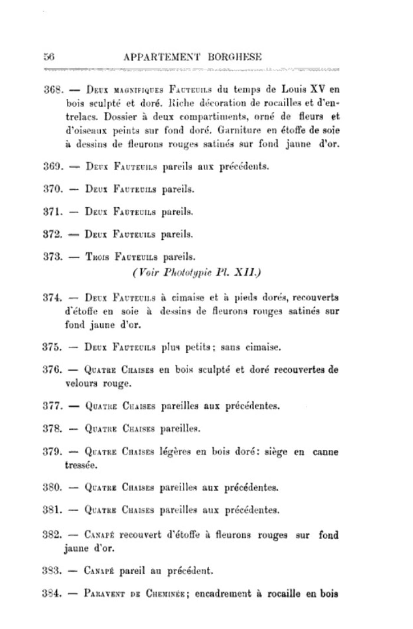 Page from the auction catalog where the armchairs are listed in black text.