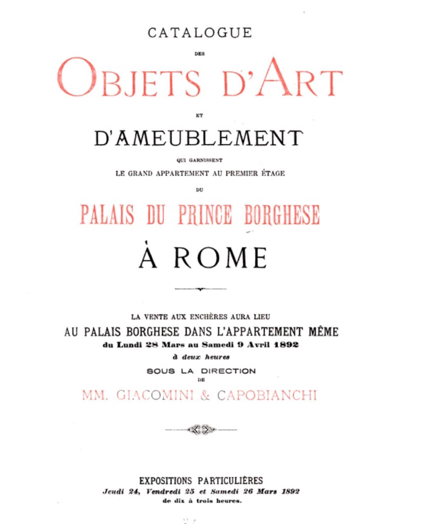 Title page from the auction catalog printed on white paper with black and red text.